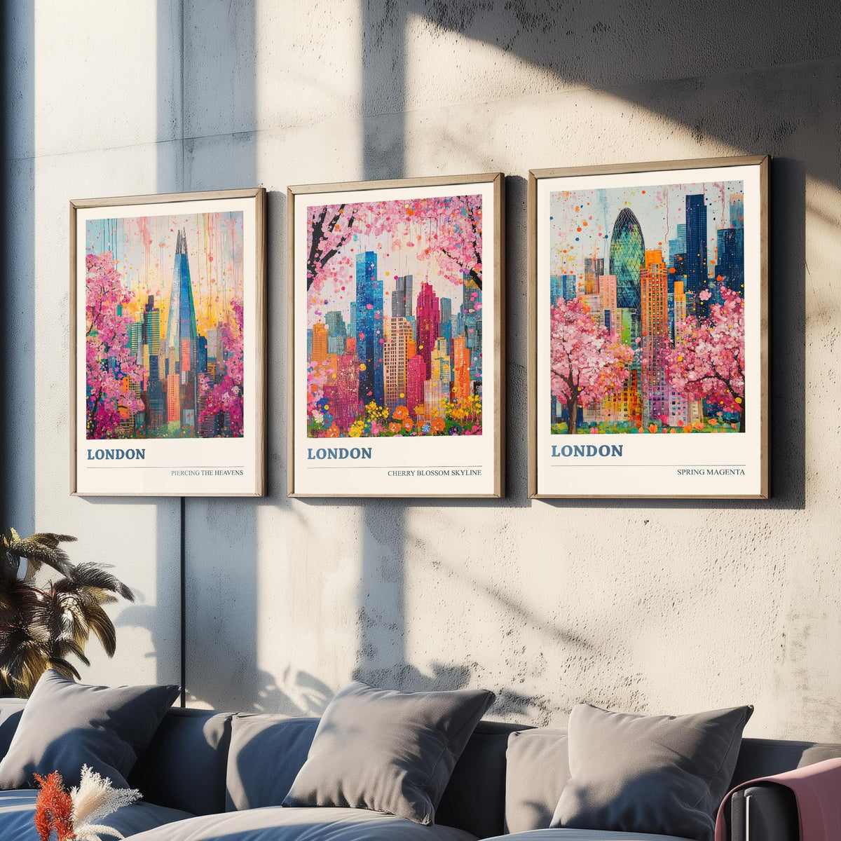 London Set of Three Art Prints - The Shard, Gherkin, Cherry Blossom Skyline - Colourful Floral City Painting Poster V1