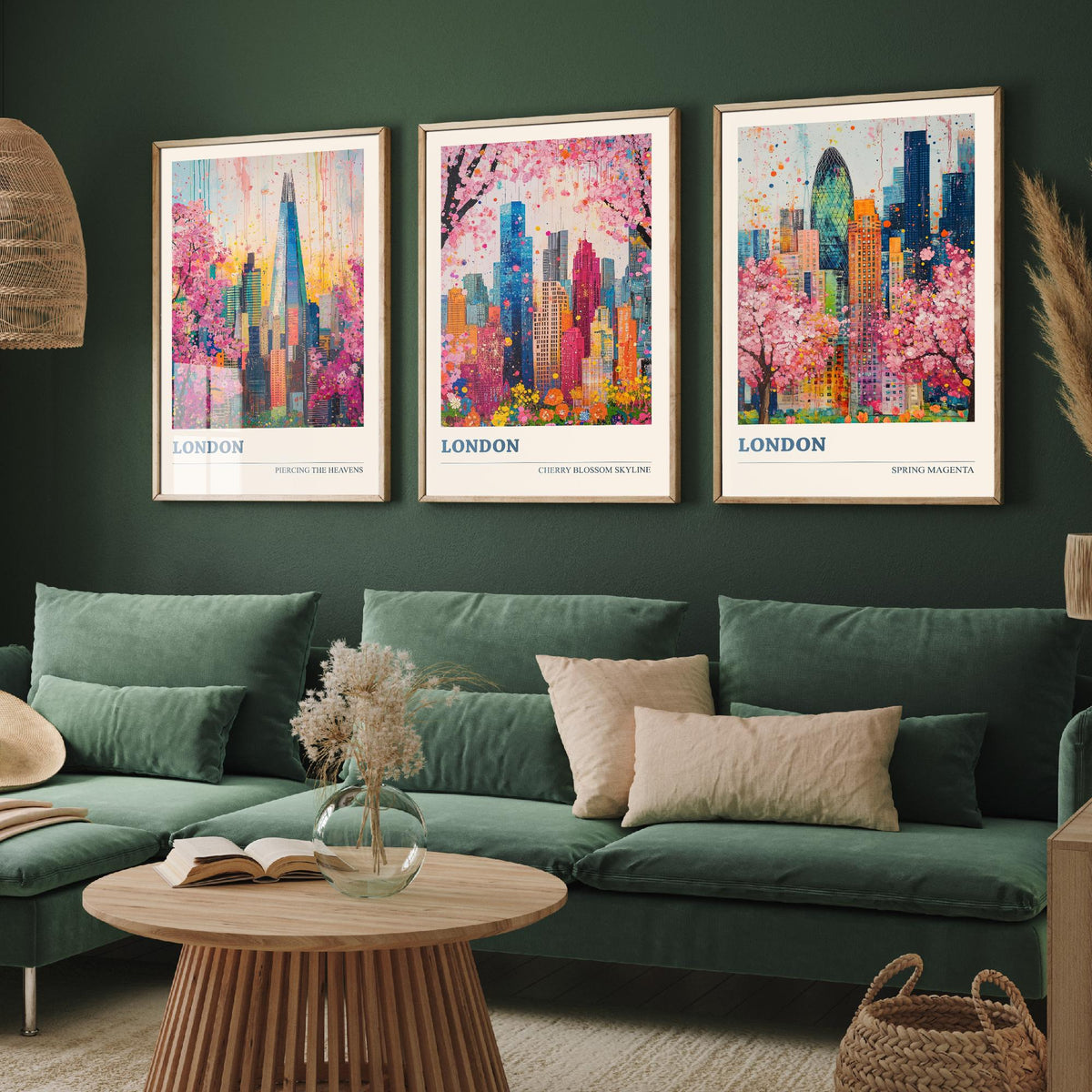 London Set of Three Art Prints - The Shard, Gherkin, Cherry Blossom Skyline - Colourful Floral City Painting Poster V1