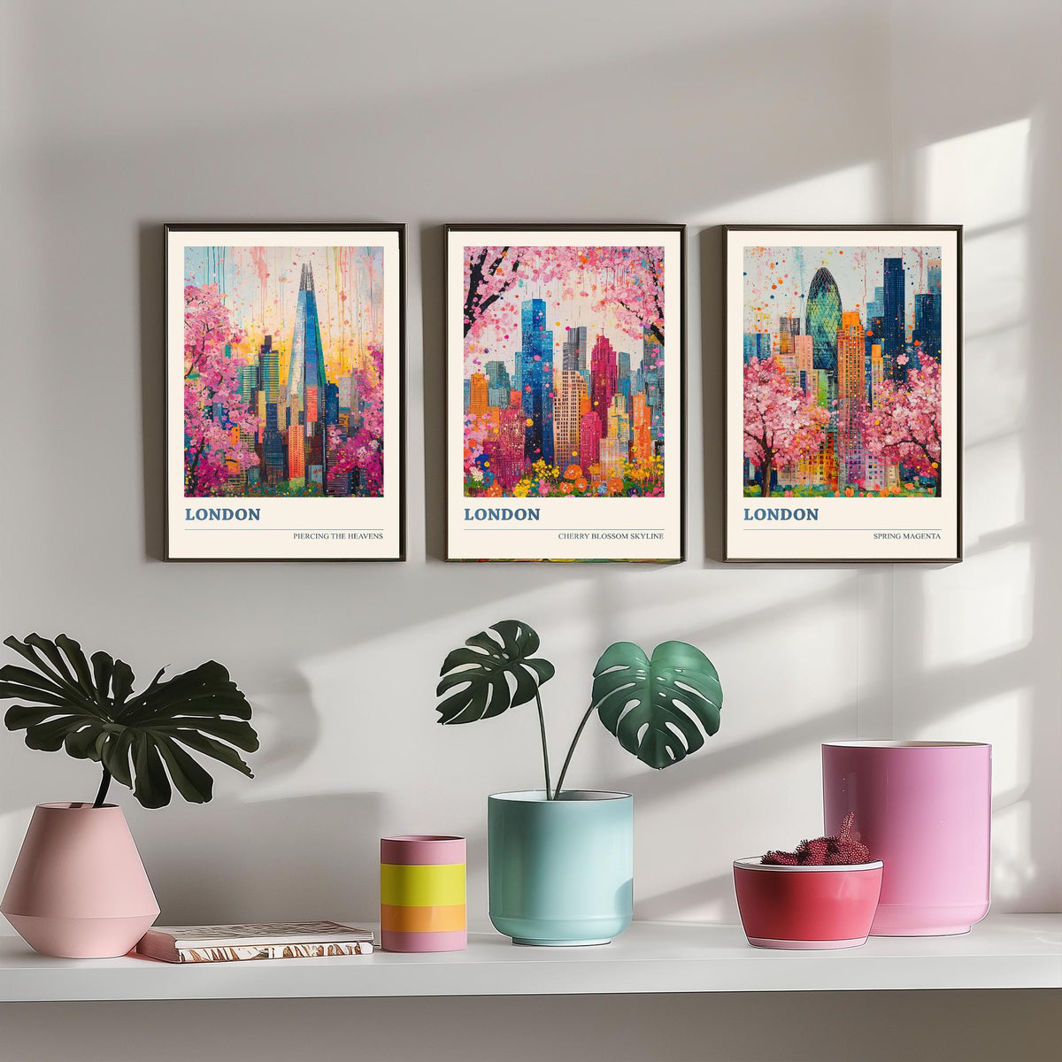 London Set of Three Art Prints - The Shard, Gherkin, Cherry Blossom Skyline - Colourful Floral City Painting Poster V1