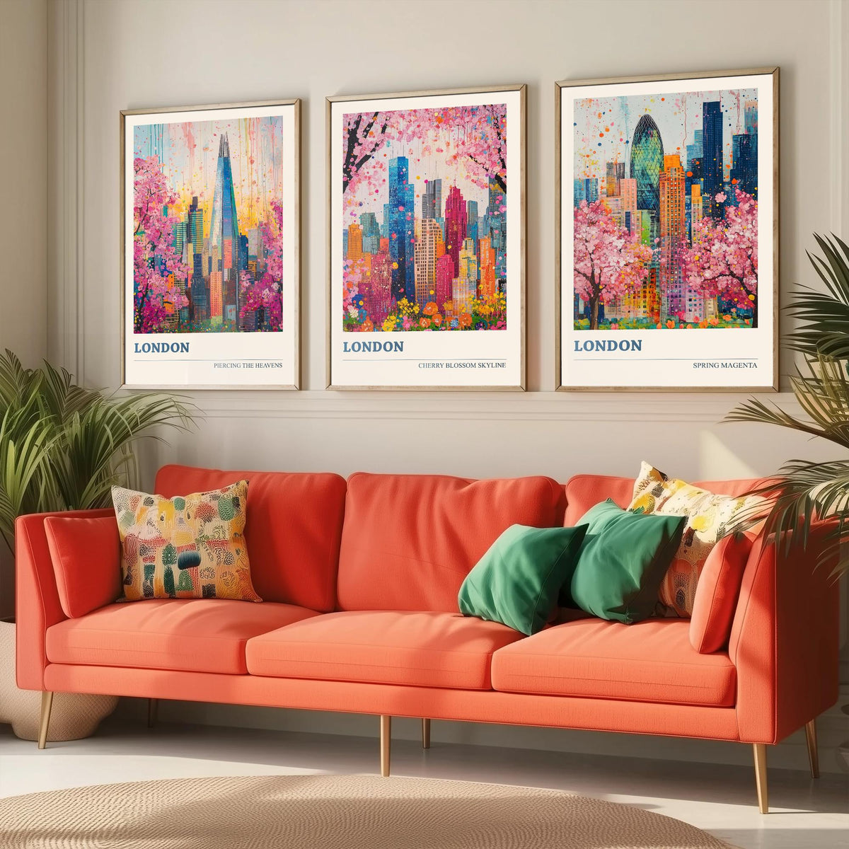 London Set of Three Art Prints - The Shard, Gherkin, Cherry Blossom Skyline - Colourful Floral City Painting Poster V1