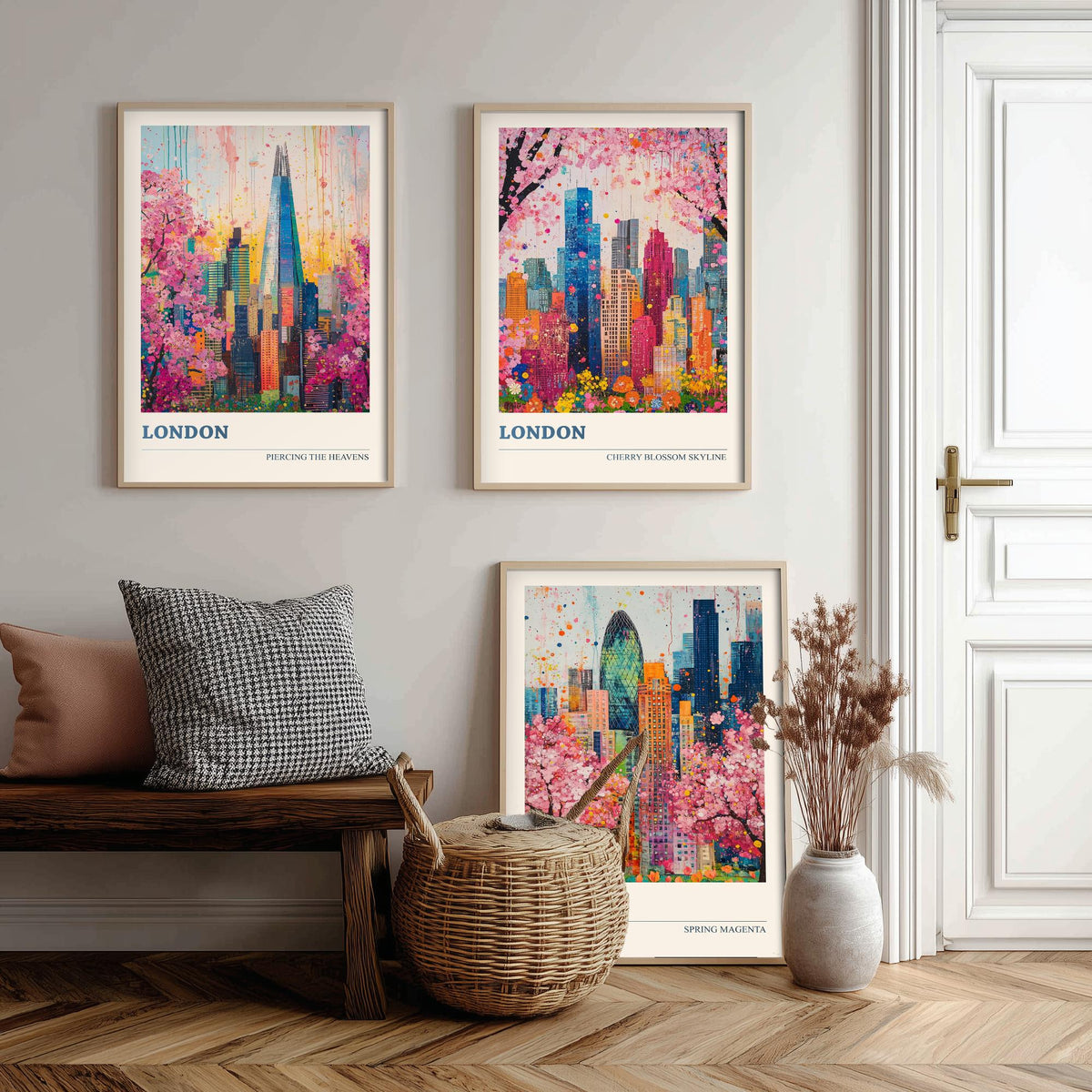 London Set of Three Art Prints - The Shard, Gherkin, Cherry Blossom Skyline - Colourful Floral City Painting Poster V1