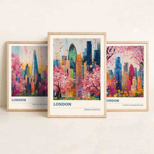 London Set of Three Art Prints - The Shard, Gherkin, Cherry Blossom Skyline - Colourful Floral City Painting Poster V1
