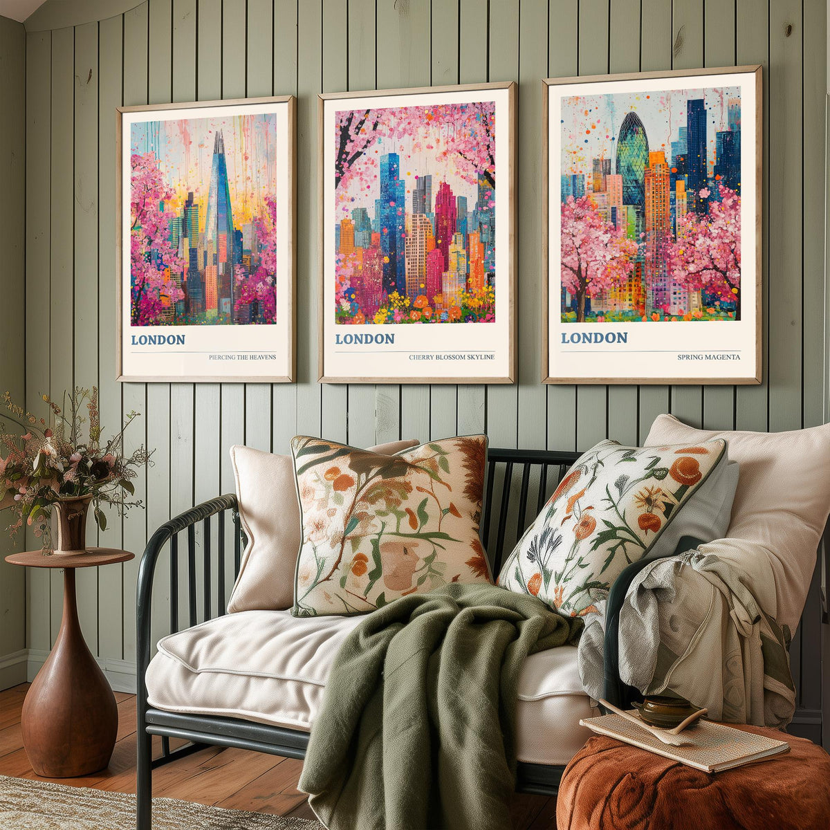 London Set of Three Art Prints - The Shard, Gherkin, Cherry Blossom Skyline - Colourful Floral City Painting Poster V1