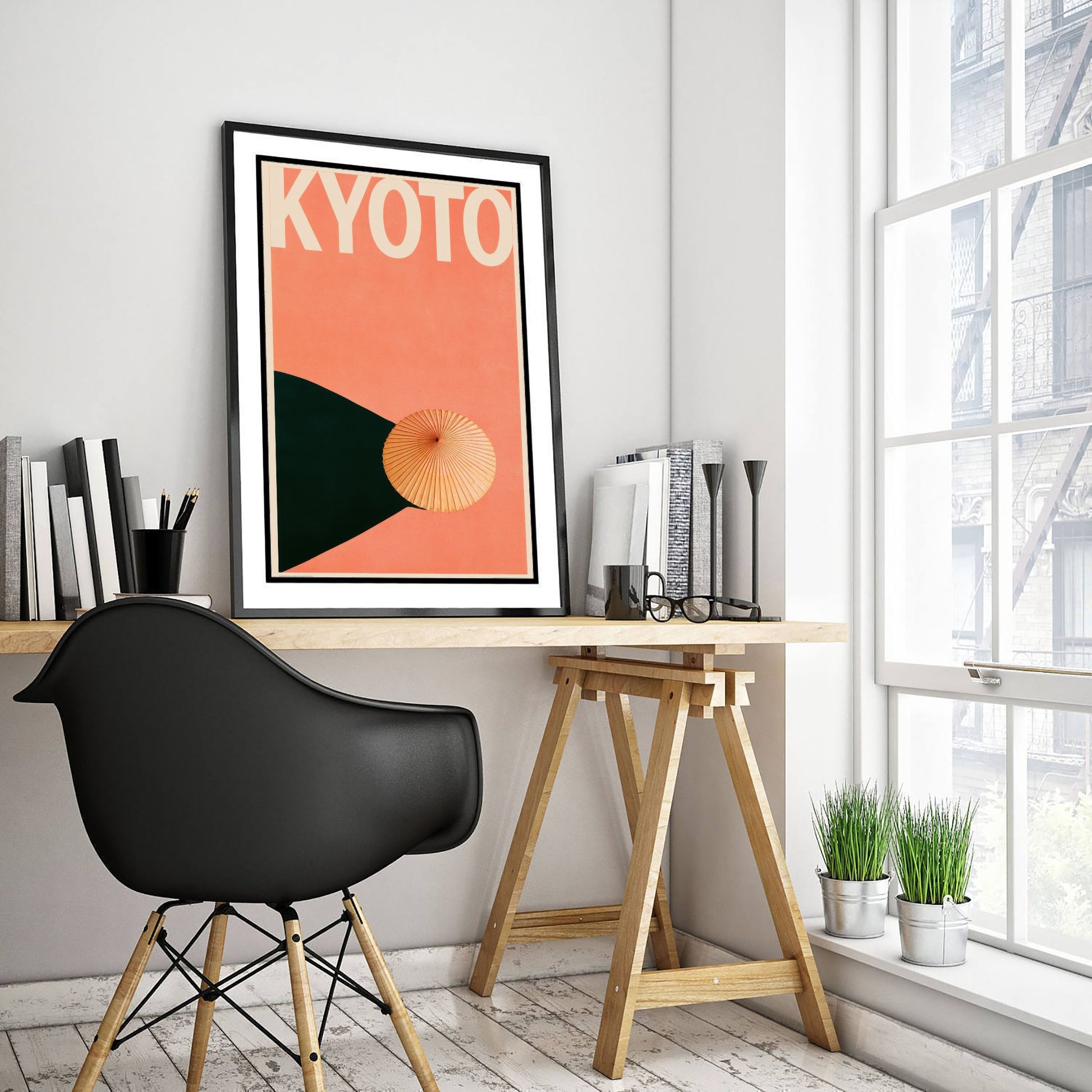 Kyoto Travel Poster - Japanese Paper Parasol Art Print - Minimalist Japan Illustration - Long Shadow 2/3