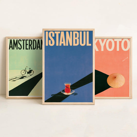 Long Shadow Travel Set of Three Art Prints - Amsterdam, Kyoto, Istanbul - Bicycle, Parasol, Tea Glass Minimalist Posters Illustration