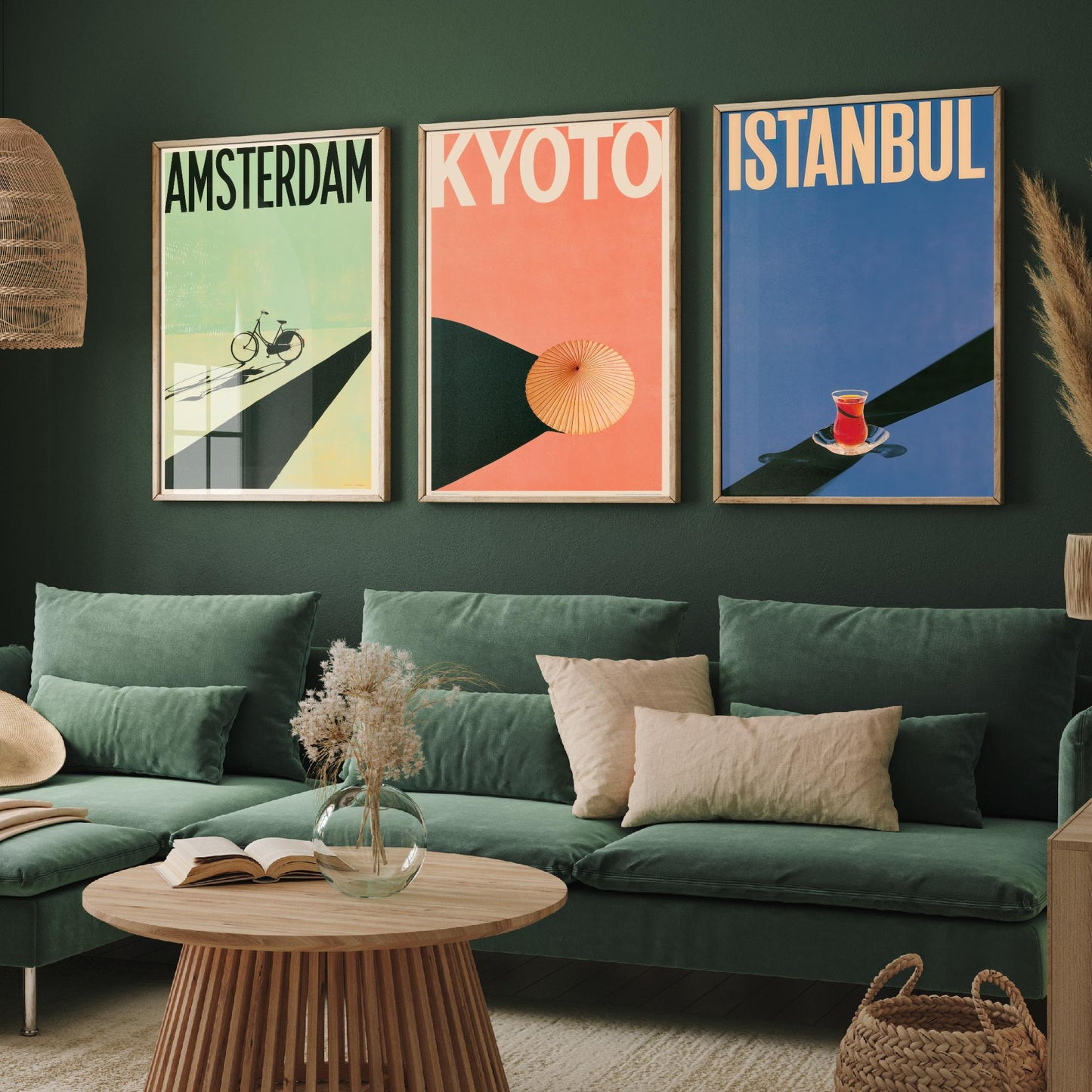 Long Shadow Travel Set of Three Art Prints - Amsterdam, Kyoto, Istanbul - Bicycle, Parasol, Tea Glass Minimalist Posters Illustration
