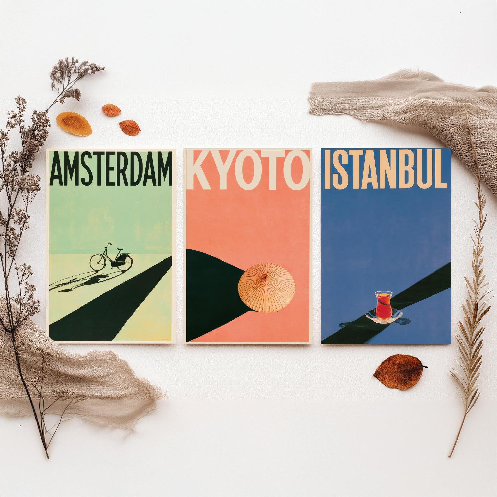 Long Shadow Travel Set of Three Art Prints - Amsterdam, Kyoto, Istanbul - Bicycle, Parasol, Tea Glass Minimalist Posters Illustration
