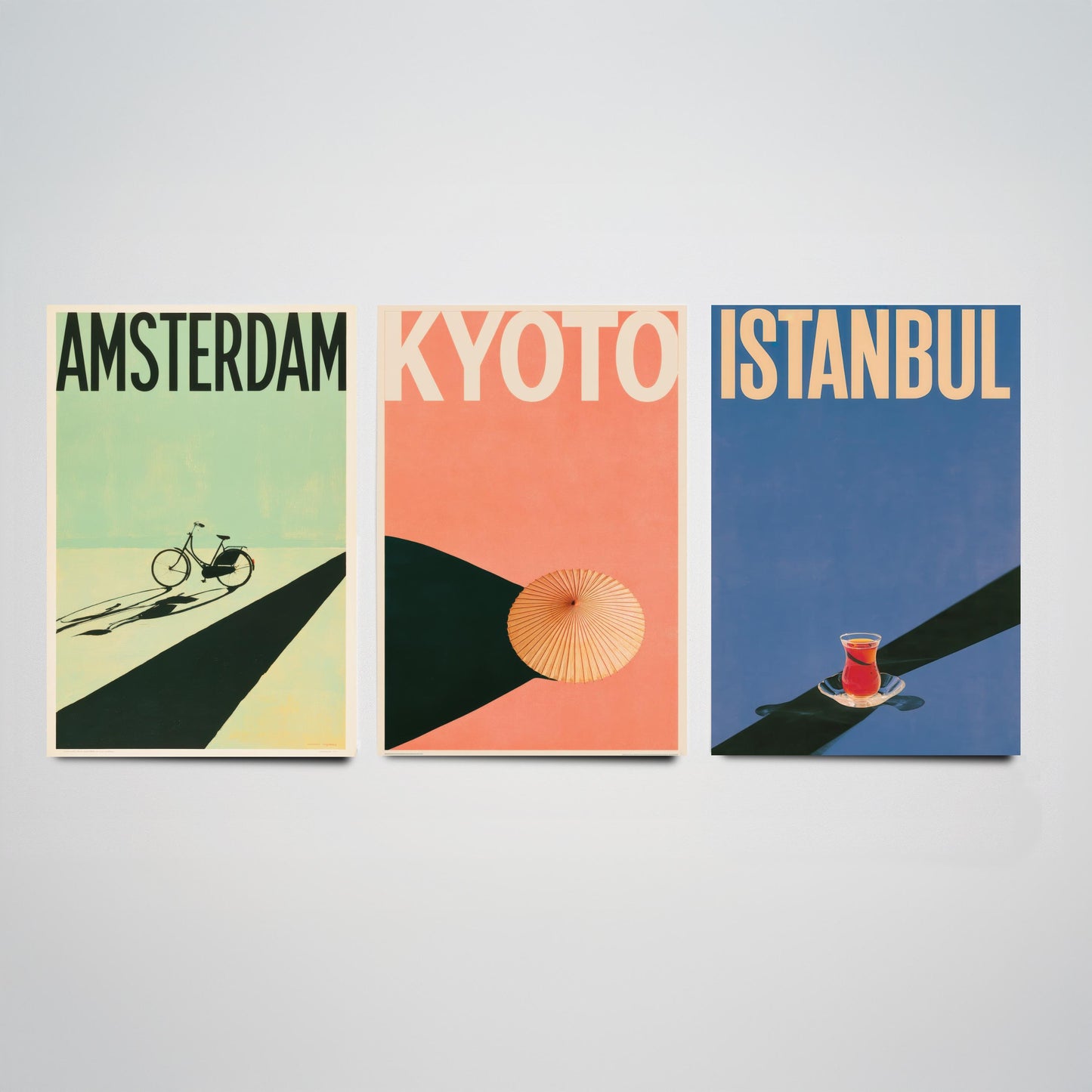 Long Shadow Travel Set of Three Art Prints - Amsterdam, Kyoto, Istanbul - Bicycle, Parasol, Tea Glass Minimalist Posters Illustration