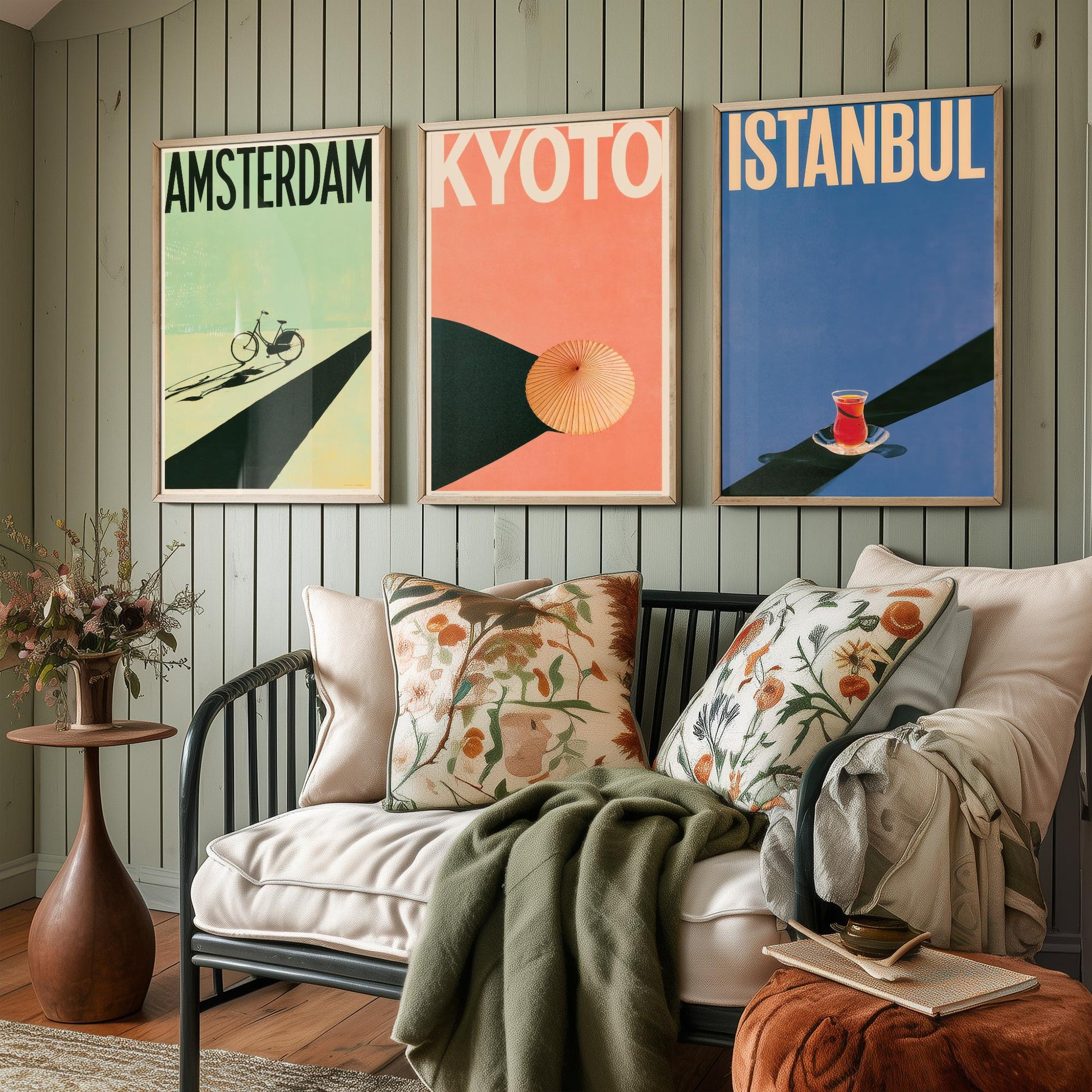 Long Shadow Travel Set of Three Art Prints - Amsterdam, Kyoto, Istanbul - Bicycle, Parasol, Tea Glass Minimalist Posters Illustration