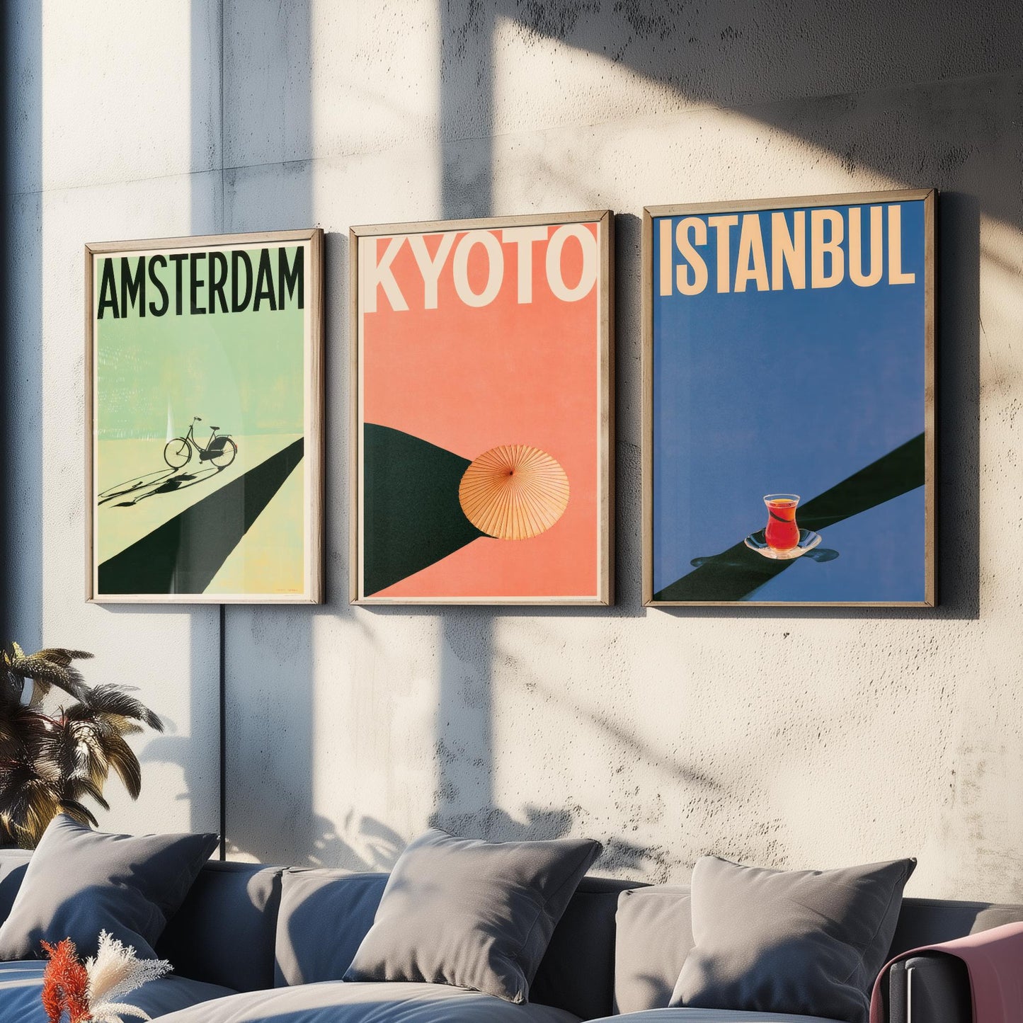 Long Shadow Travel Set of Three Art Prints - Amsterdam, Kyoto, Istanbul - Bicycle, Parasol, Tea Glass Minimalist Posters Illustration