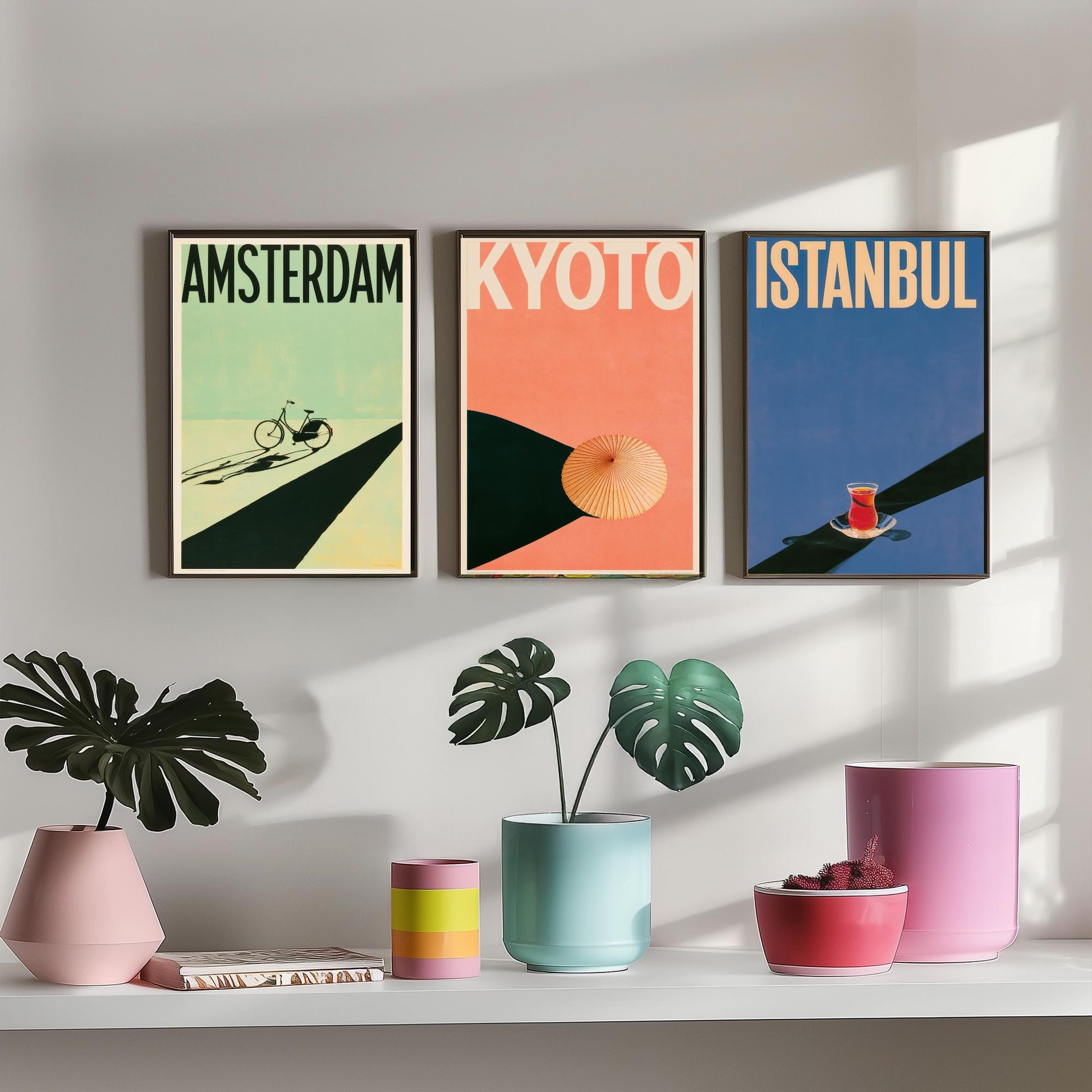 Long Shadow Travel Set of Three Art Prints - Amsterdam, Kyoto, Istanbul - Bicycle, Parasol, Tea Glass Minimalist Posters Illustration