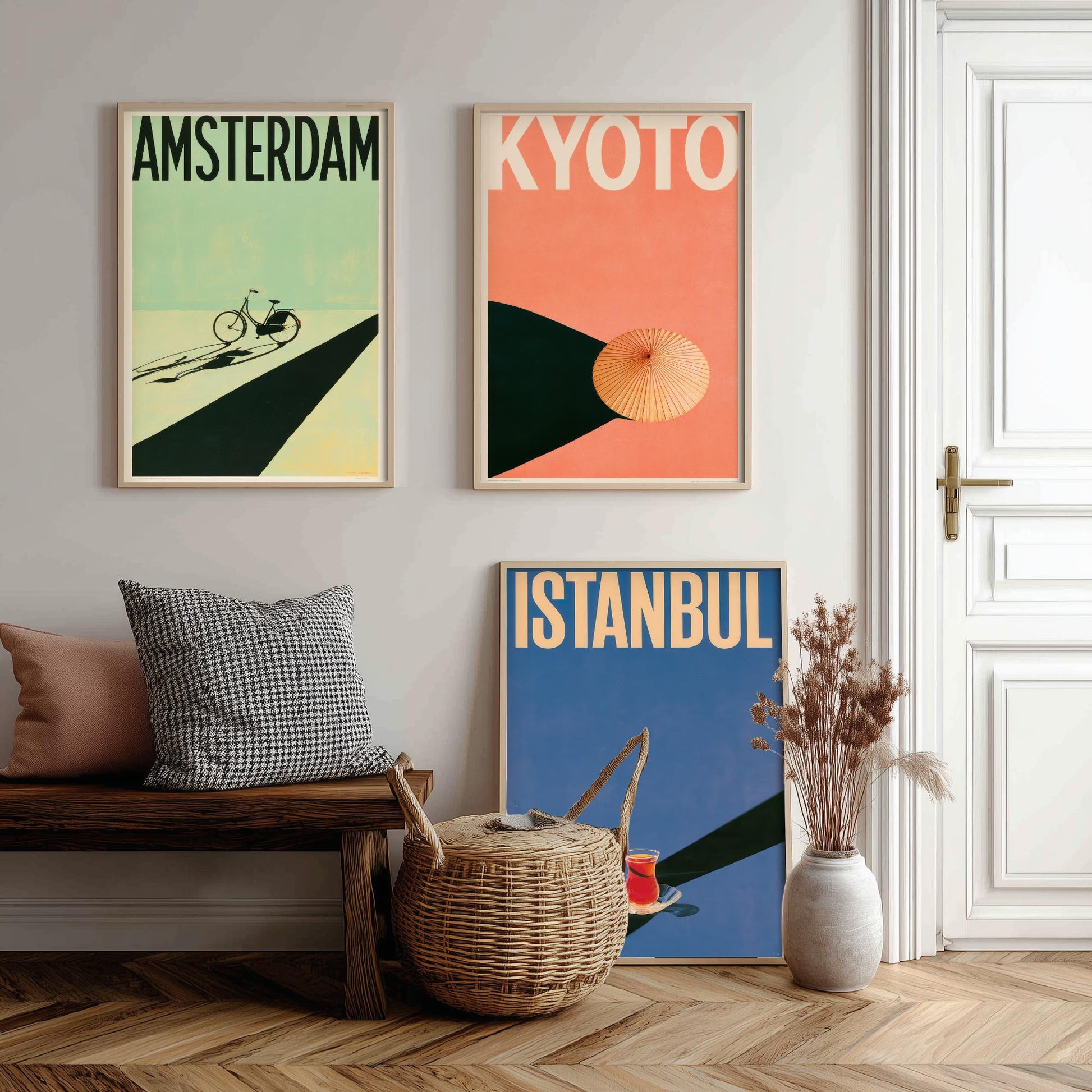 Long Shadow Travel Set of Three Art Prints - Amsterdam, Kyoto, Istanbul - Bicycle, Parasol, Tea Glass Minimalist Posters Illustration