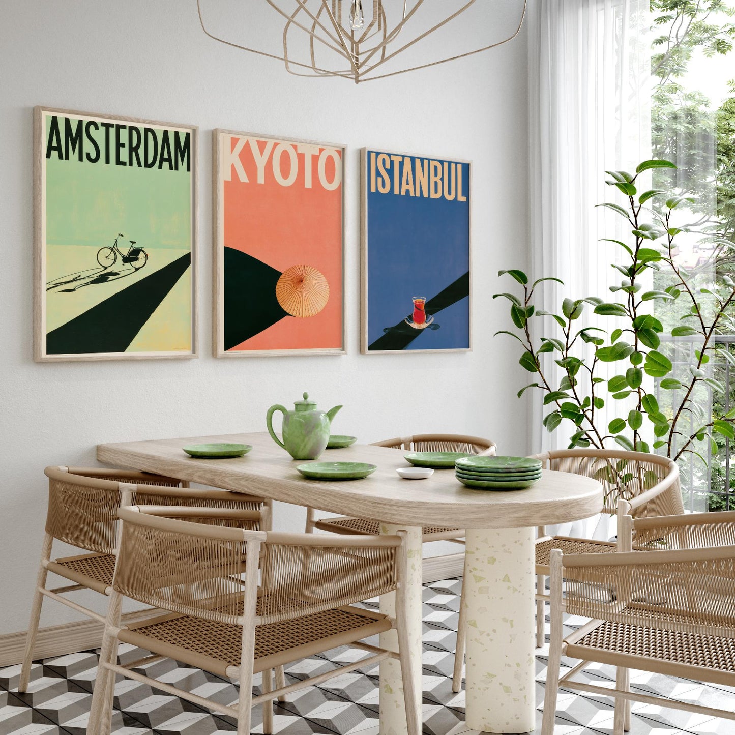 Long Shadow Travel Set of Three Art Prints - Amsterdam, Kyoto, Istanbul - Bicycle, Parasol, Tea Glass Minimalist Posters Illustration