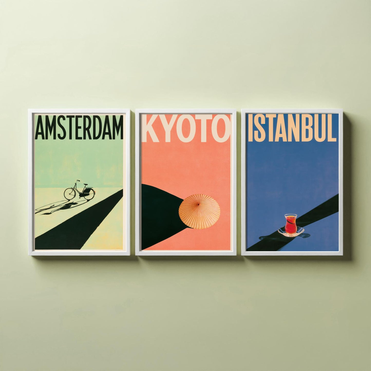 Long Shadow Travel Set of Three Art Prints - Amsterdam, Kyoto, Istanbul - Bicycle, Parasol, Tea Glass Minimalist Posters Illustration