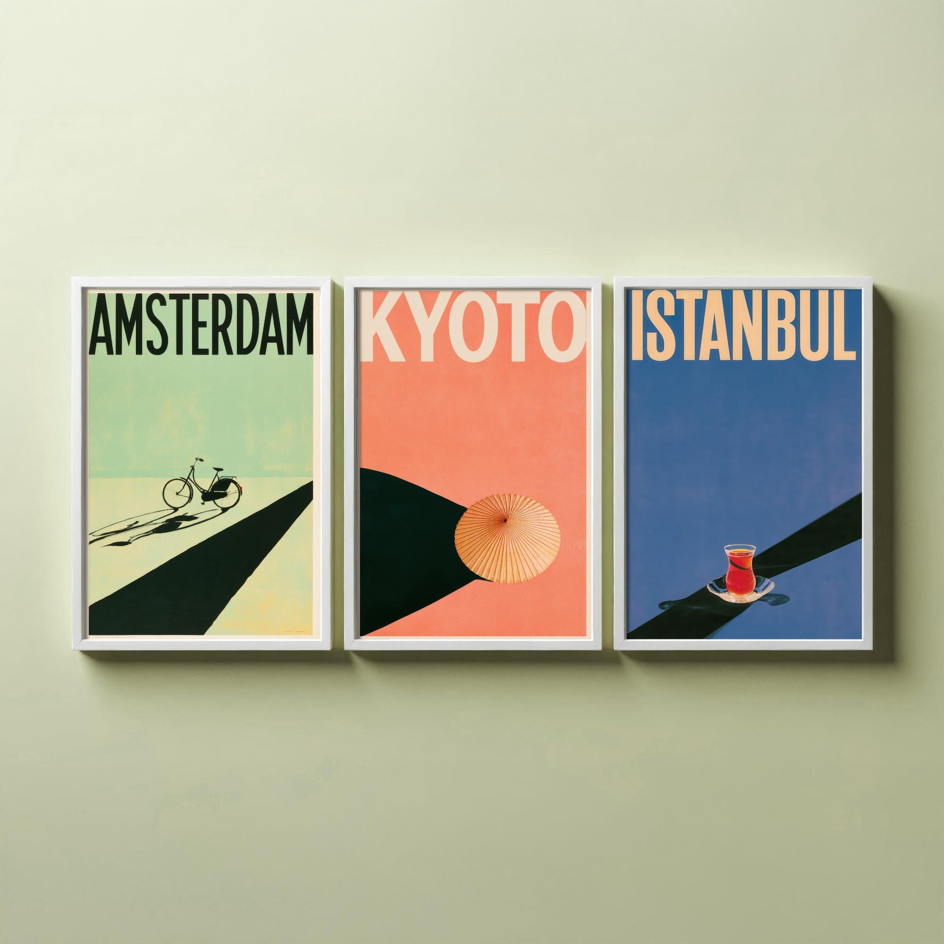 Long Shadow Travel Set of Three Art Prints - Amsterdam, Kyoto, Istanbul - Bicycle, Parasol, Tea Glass Minimalist Posters Illustration