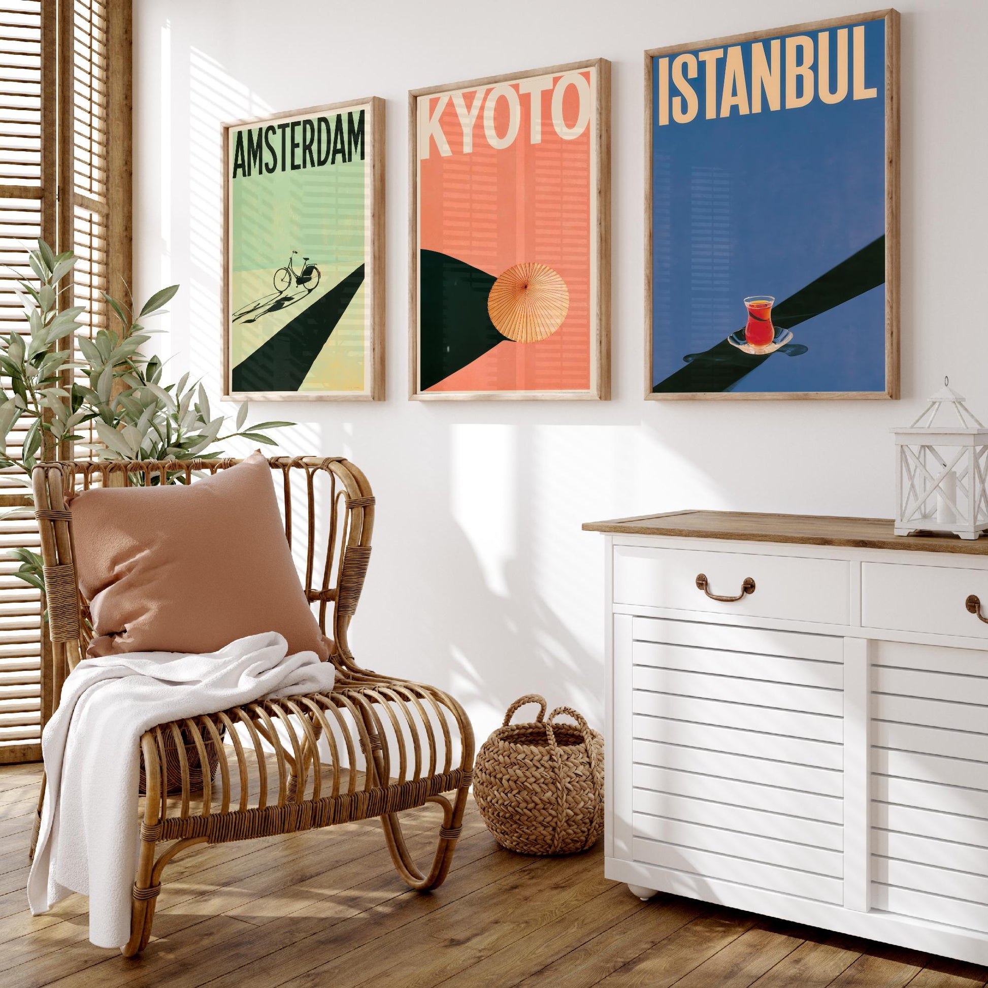 Long Shadow Travel Set of Three Art Prints - Amsterdam, Kyoto, Istanbul - Bicycle, Parasol, Tea Glass Minimalist Posters Illustration