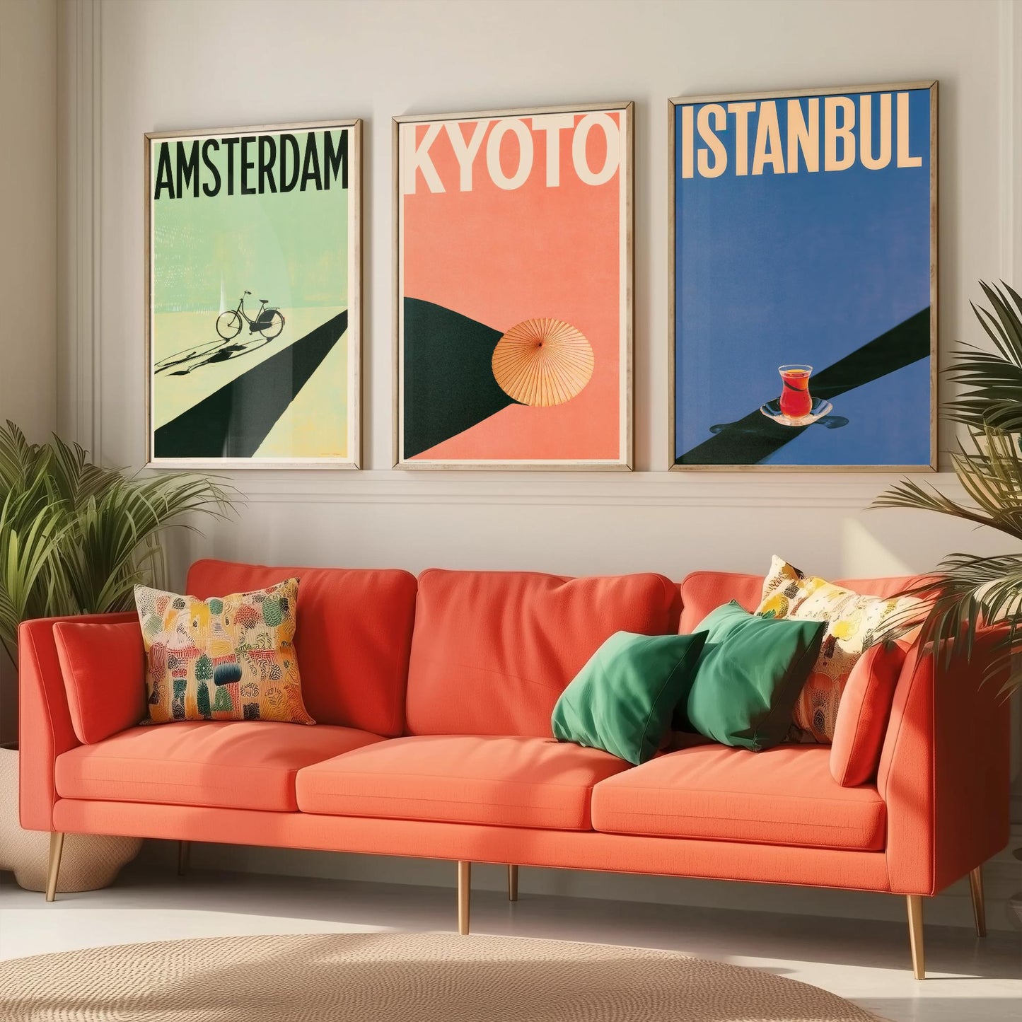 Long Shadow Travel Set of Three Art Prints - Amsterdam, Kyoto, Istanbul - Bicycle, Parasol, Tea Glass Minimalist Posters Illustration