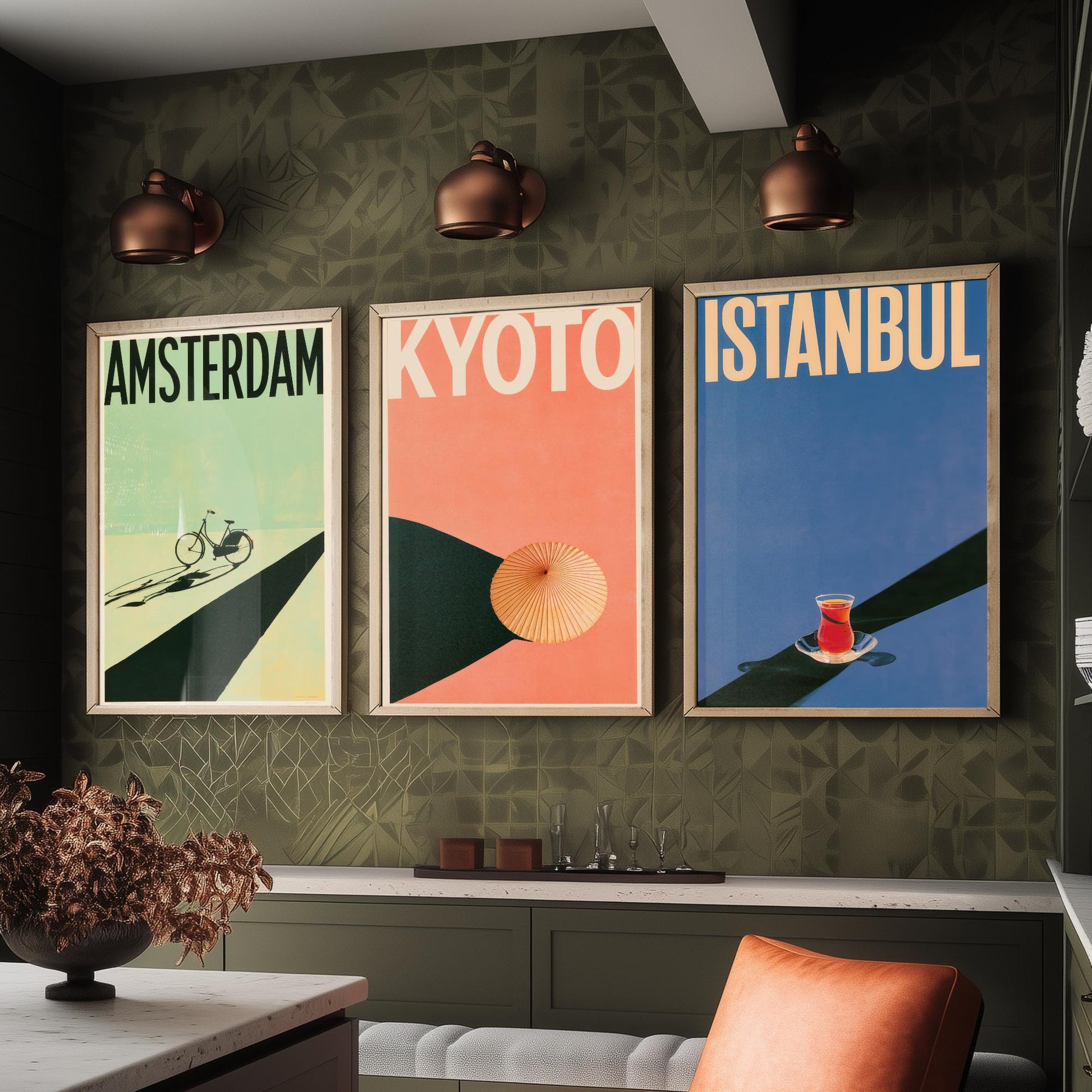 Long Shadow Travel Set of Three Art Prints - Amsterdam, Kyoto, Istanbul - Bicycle, Parasol, Tea Glass Minimalist Posters Illustration