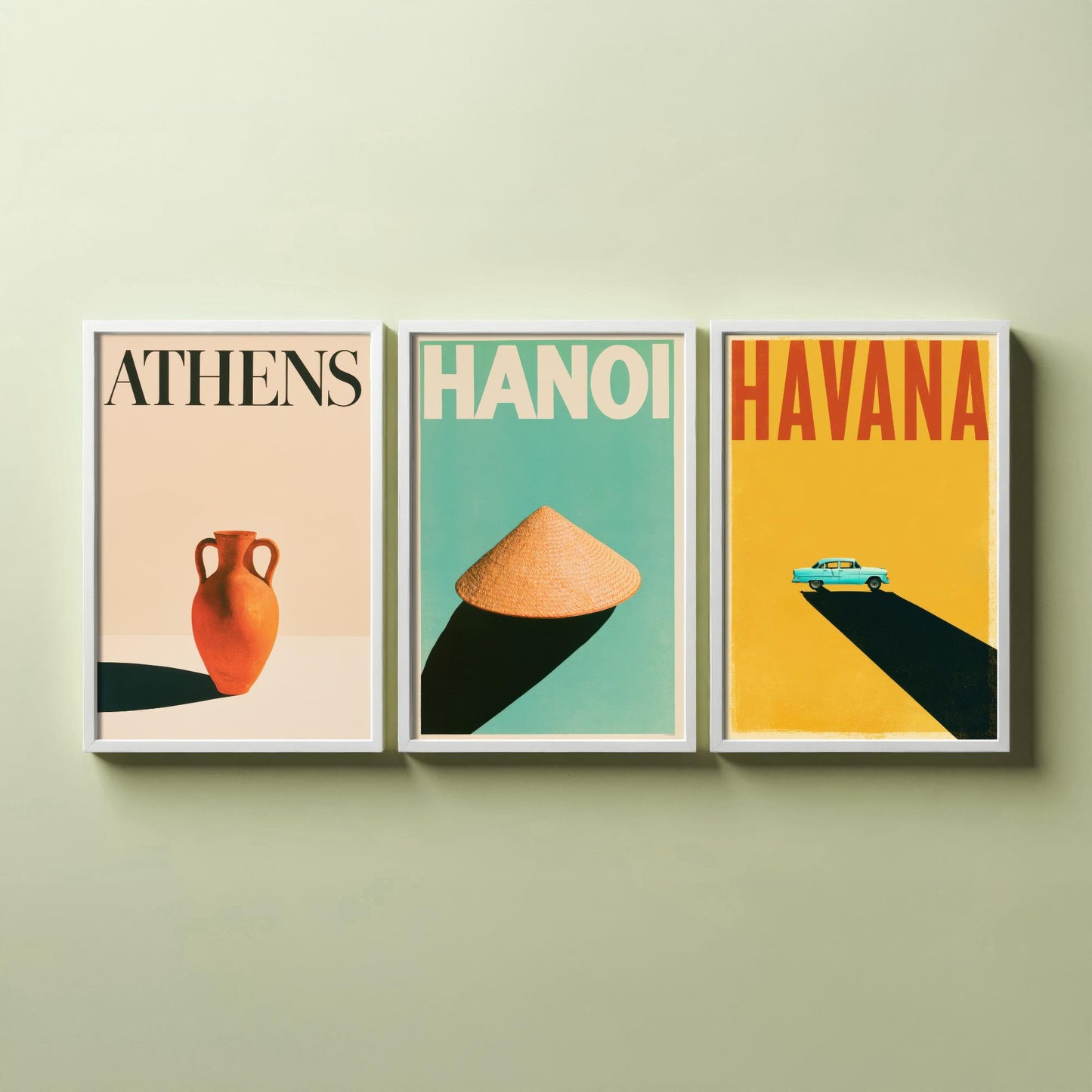 Long Shadow Set of Three Art Prints - Athens, Hanoi, Havana - Minimalist Travel Posters - Amphora, Conical Hat, Classic Car Illustration