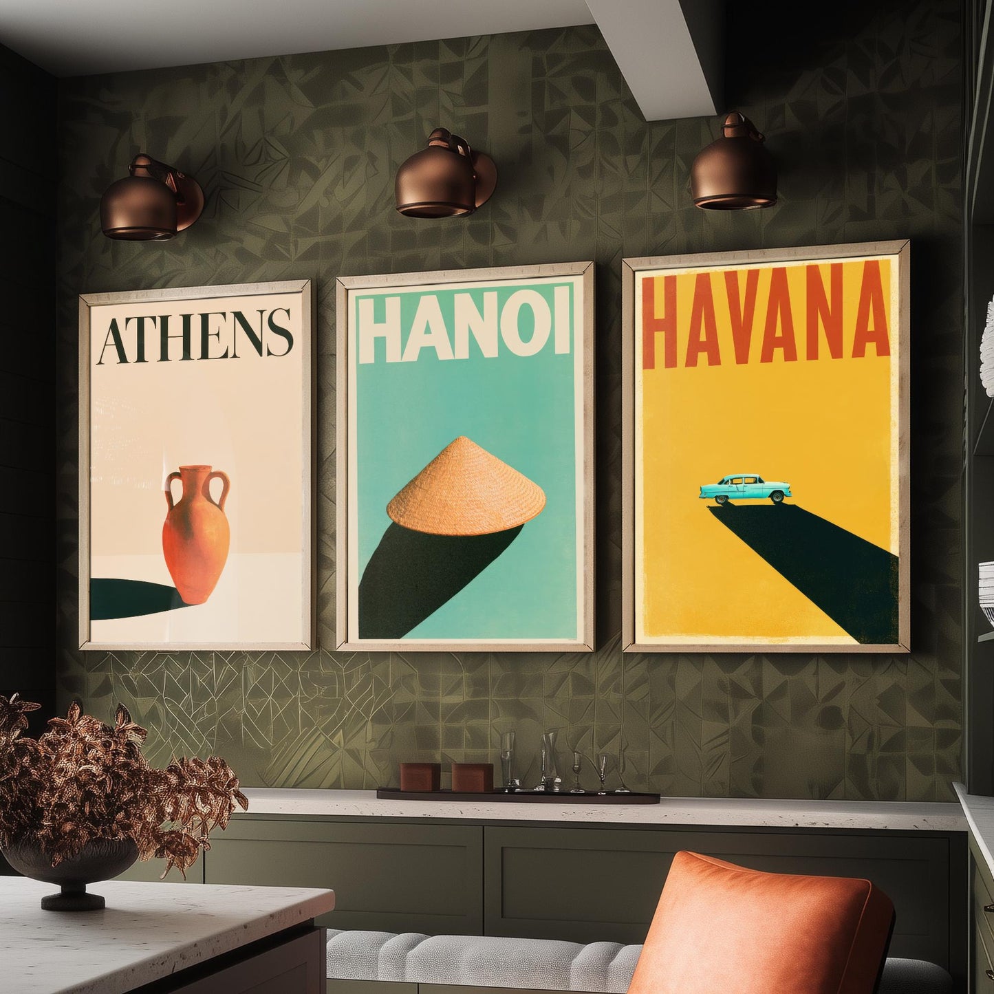 Long Shadow Set of Three Art Prints - Athens, Hanoi, Havana - Minimalist Travel Posters - Amphora, Conical Hat, Classic Car Illustration