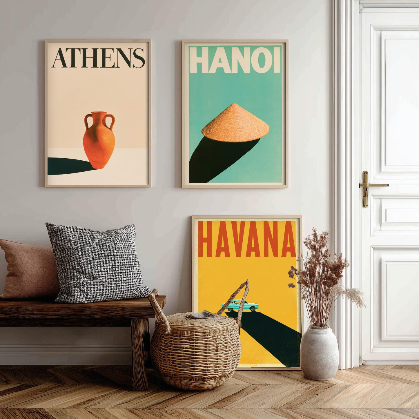 Long Shadow Set of Three Art Prints - Athens, Hanoi, Havana - Minimalist Travel Posters - Amphora, Conical Hat, Classic Car Illustration
