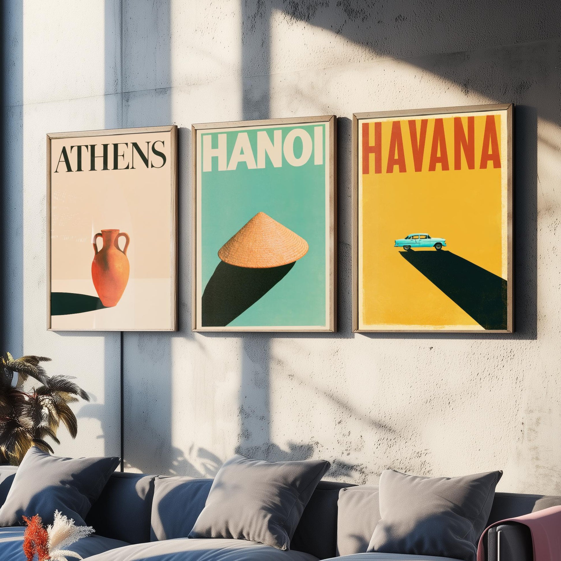 Long Shadow Set of Three Art Prints - Athens, Hanoi, Havana - Minimalist Travel Posters - Amphora, Conical Hat, Classic Car Illustration