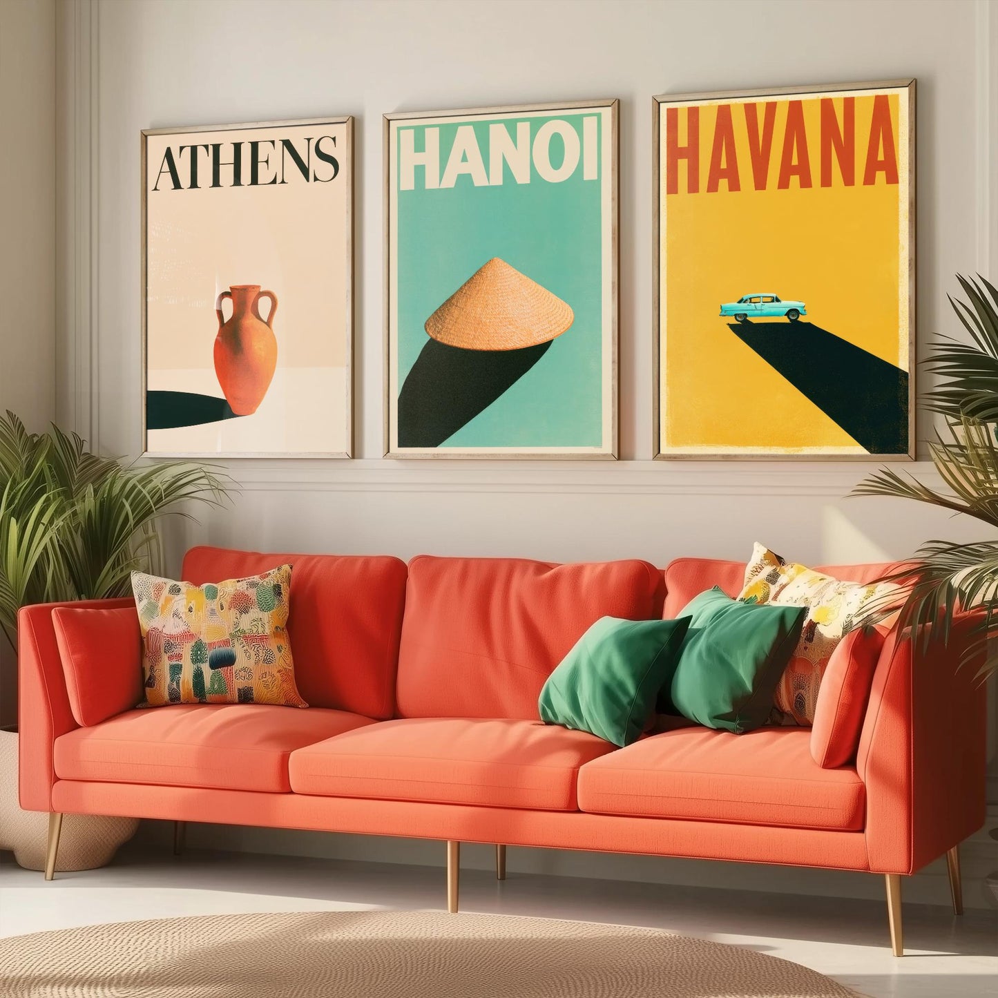 Long Shadow Set of Three Art Prints - Athens, Hanoi, Havana - Minimalist Travel Posters - Amphora, Conical Hat, Classic Car Illustration
