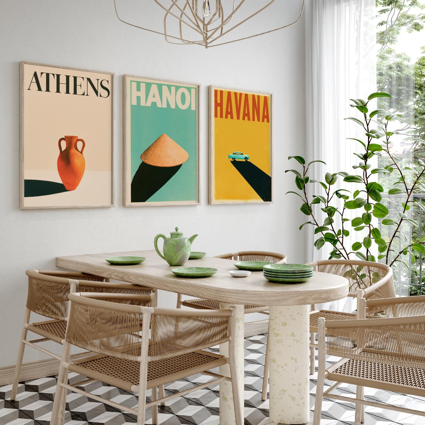 Long Shadow Set of Three Art Prints - Athens, Hanoi, Havana - Minimalist Travel Posters - Amphora, Conical Hat, Classic Car Illustration