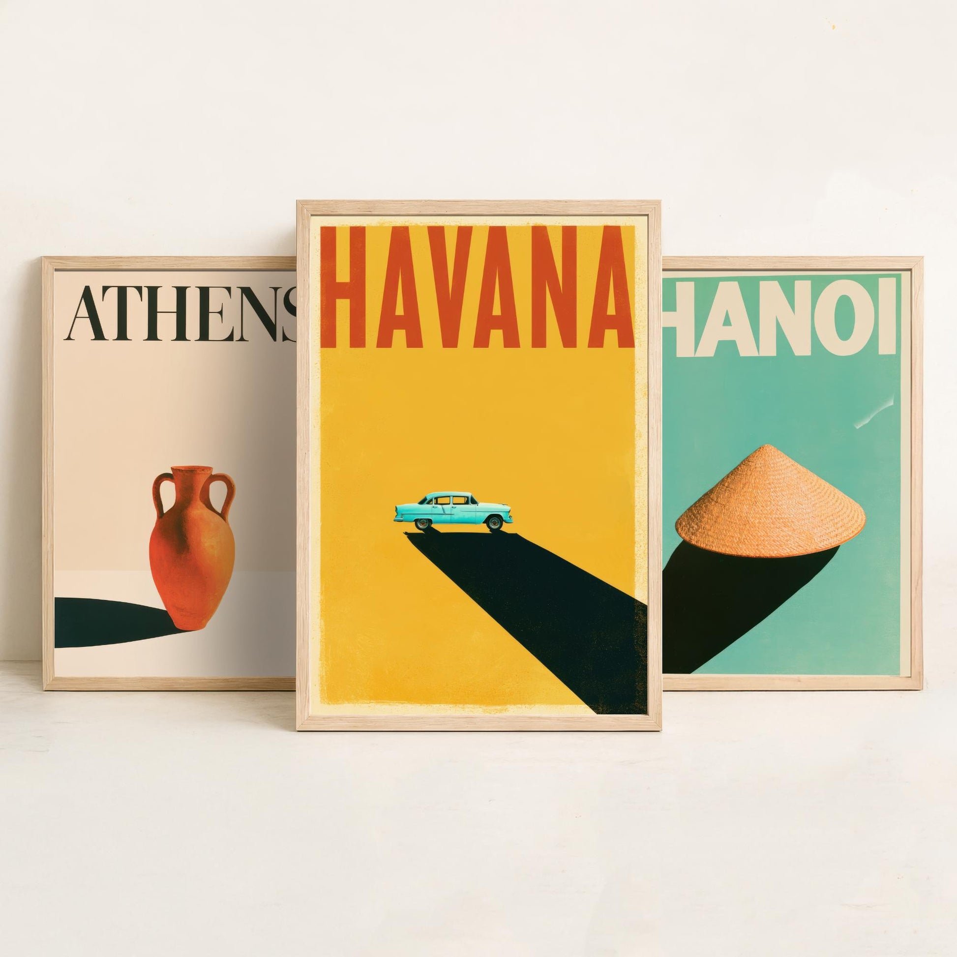 Long Shadow Set of Three Art Prints - Athens, Hanoi, Havana - Minimalist Travel Posters - Amphora, Conical Hat, Classic Car Illustration