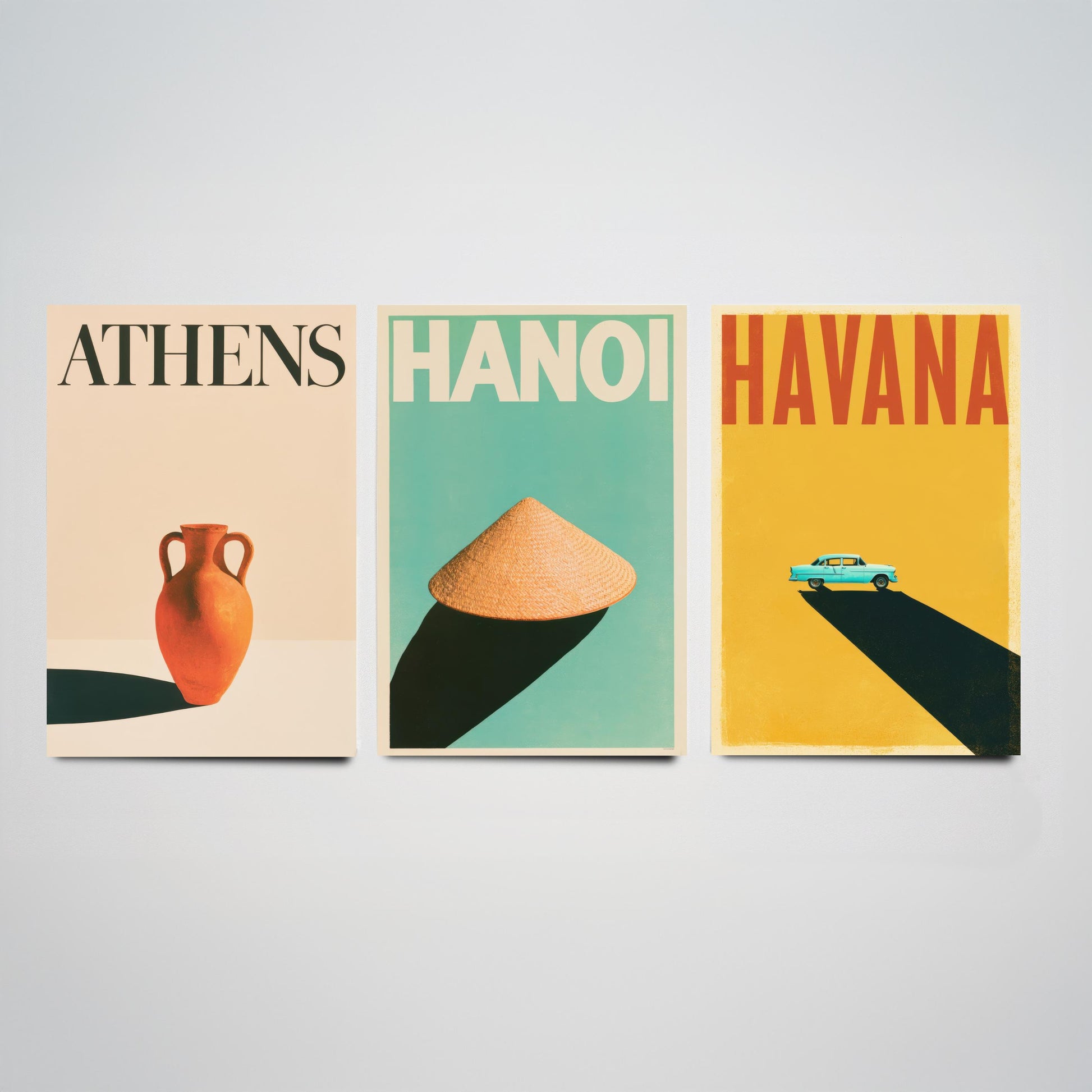 Long Shadow Set of Three Art Prints - Athens, Hanoi, Havana - Minimalist Travel Posters - Amphora, Conical Hat, Classic Car Illustration