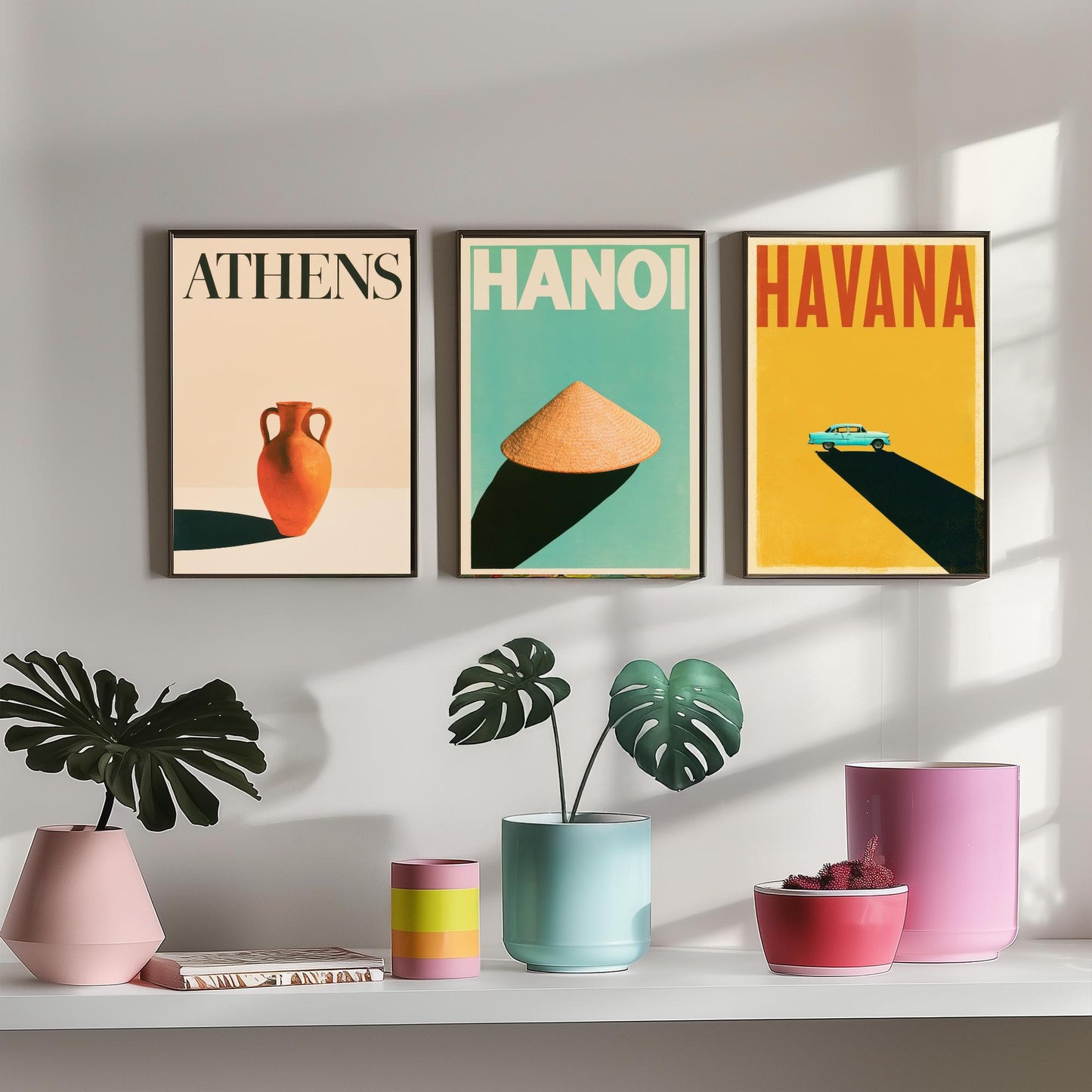Long Shadow Set of Three Art Prints - Athens, Hanoi, Havana - Minimalist Travel Posters - Amphora, Conical Hat, Classic Car Illustration