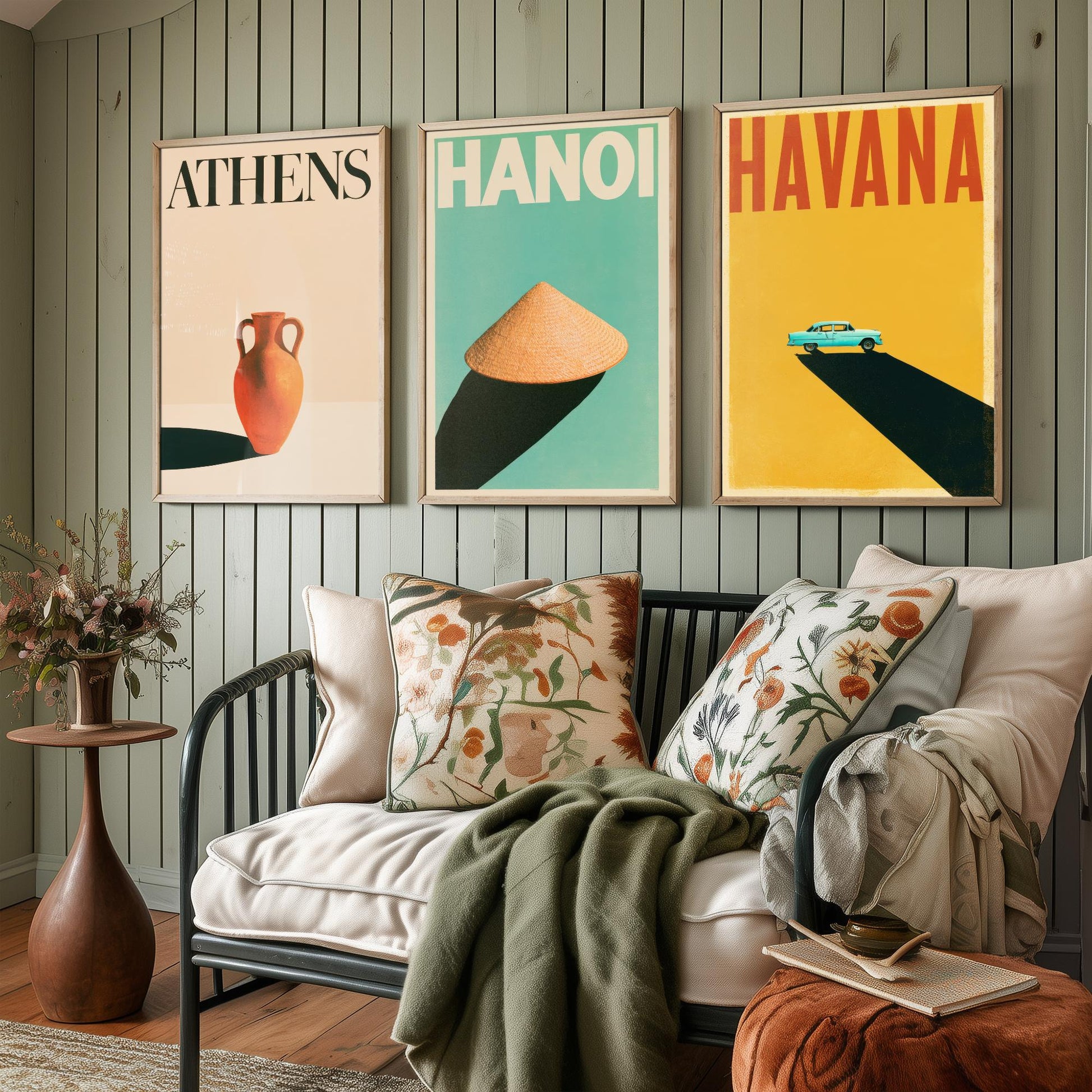 Long Shadow Set of Three Art Prints - Athens, Hanoi, Havana - Minimalist Travel Posters - Amphora, Conical Hat, Classic Car Illustration