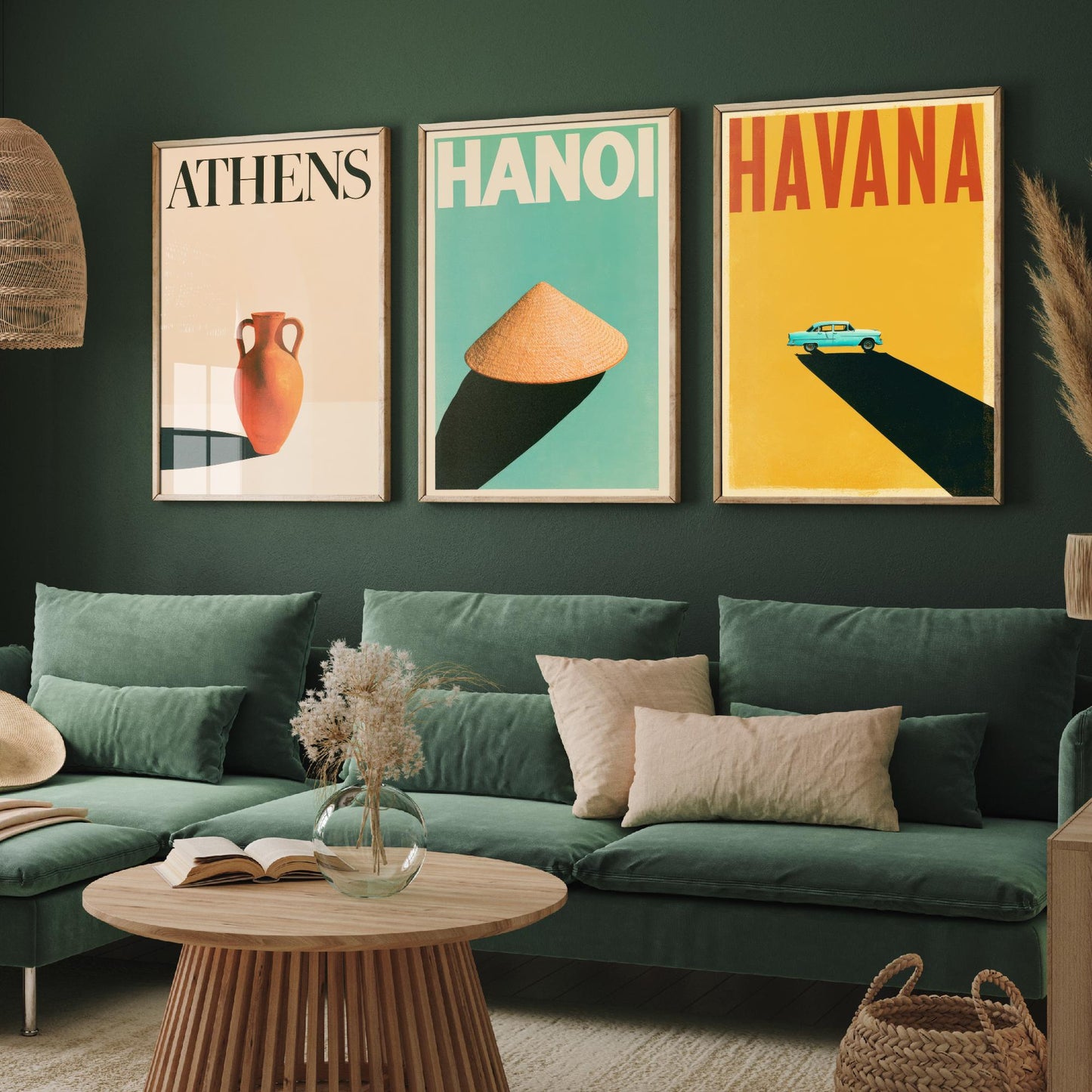 Long Shadow Set of Three Art Prints - Athens, Hanoi, Havana - Minimalist Travel Posters - Amphora, Conical Hat, Classic Car Illustration