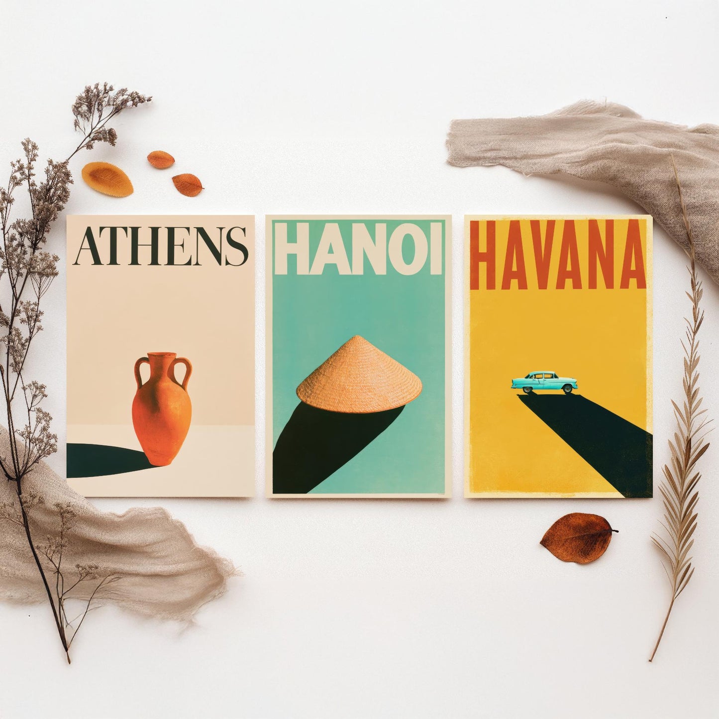 Long Shadow Set of Three Art Prints - Athens, Hanoi, Havana - Minimalist Travel Posters - Amphora, Conical Hat, Classic Car Illustration