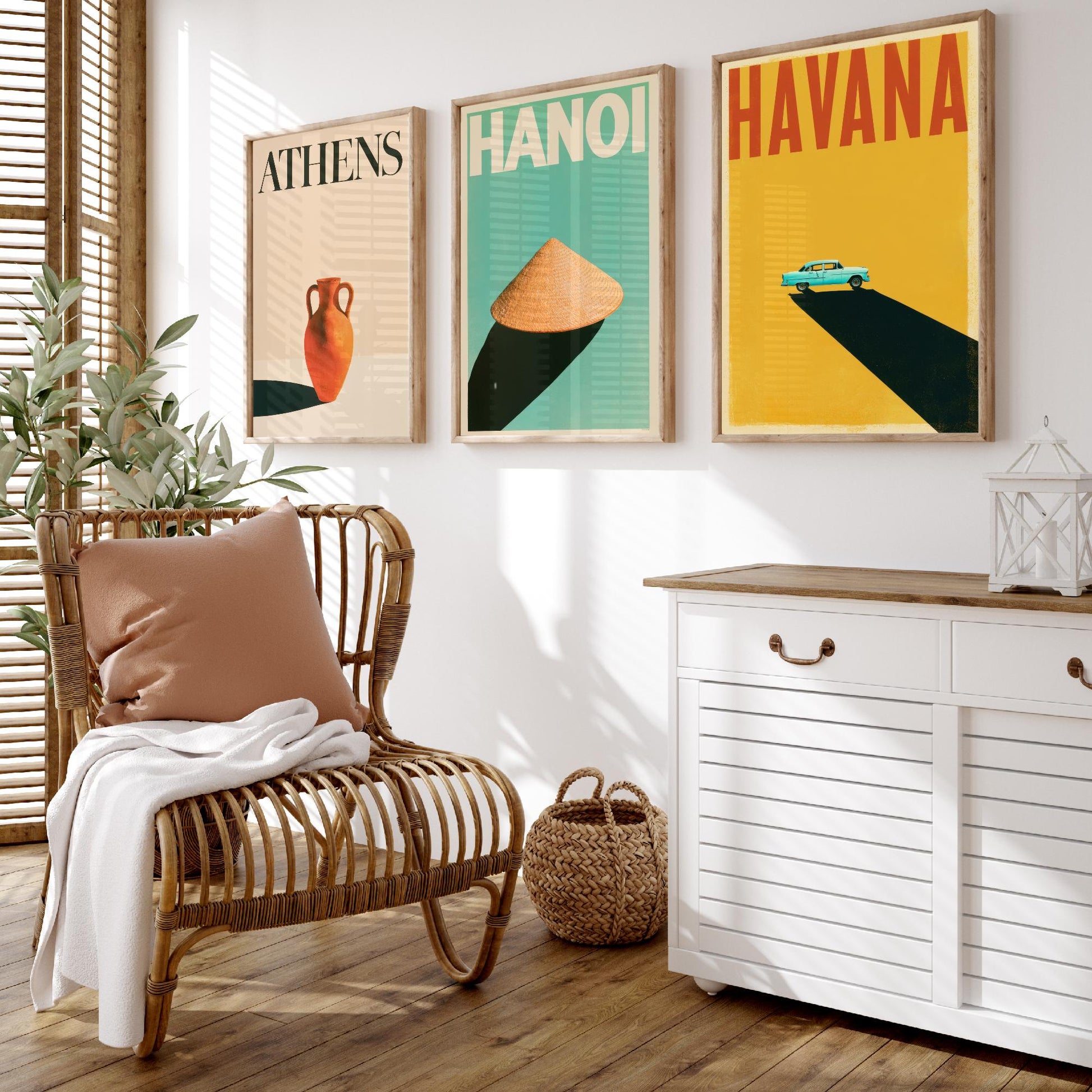Long Shadow Set of Three Art Prints - Athens, Hanoi, Havana - Minimalist Travel Posters - Amphora, Conical Hat, Classic Car Illustration