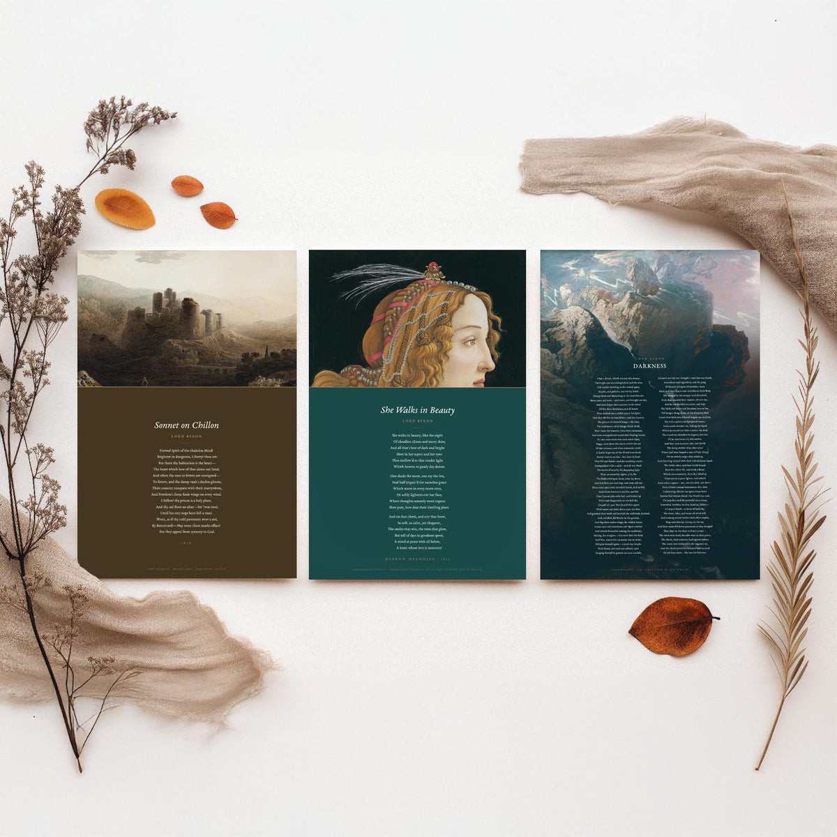 Lord Byron Poems Set of Three Art Prints - She Walks in Beauty, Darkness, Sonnet on Chillon - Full Poems over Classic Paintings Poster
