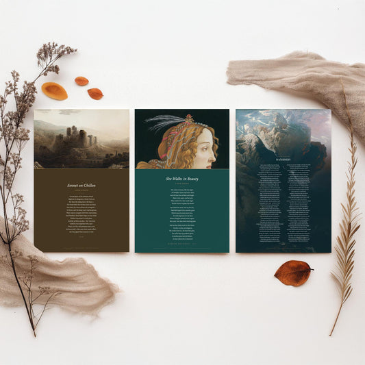 Lord Byron Poems Set of Three Art Prints - She Walks in Beauty, Darkness, Sonnet on Chillon - Full Poems over Classic Paintings Poster