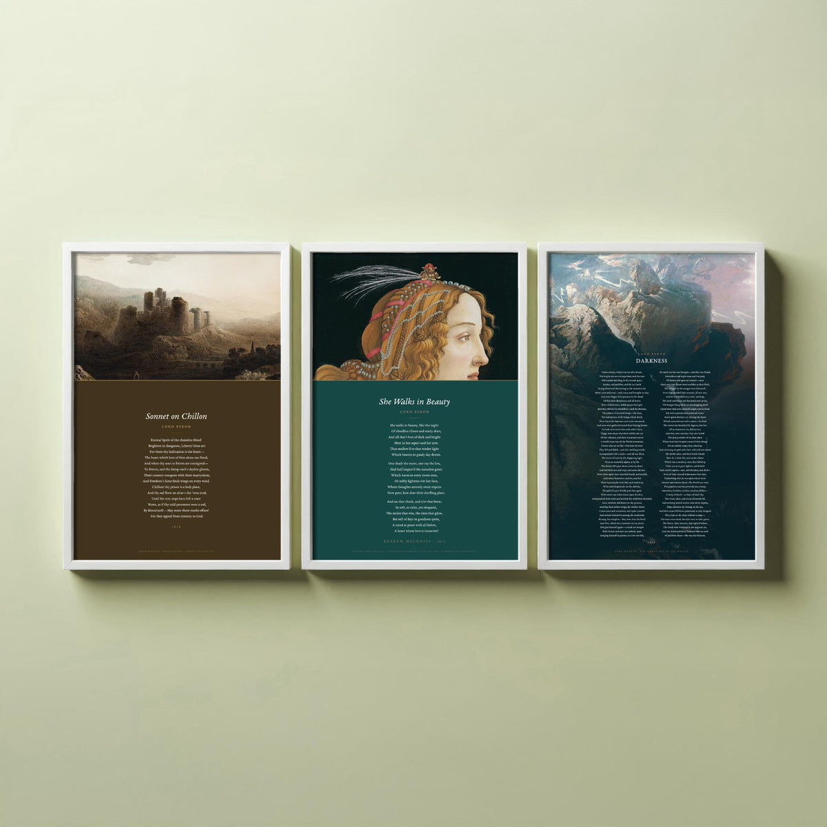 Lord Byron Poems Set of Three Art Prints - She Walks in Beauty, Darkness, Sonnet on Chillon - Full Poems over Classic Paintings Poster