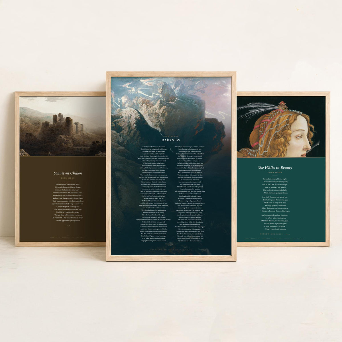 Lord Byron Poems Set of Three Art Prints - She Walks in Beauty, Darkness, Sonnet on Chillon - Full Poems over Classic Paintings Poster