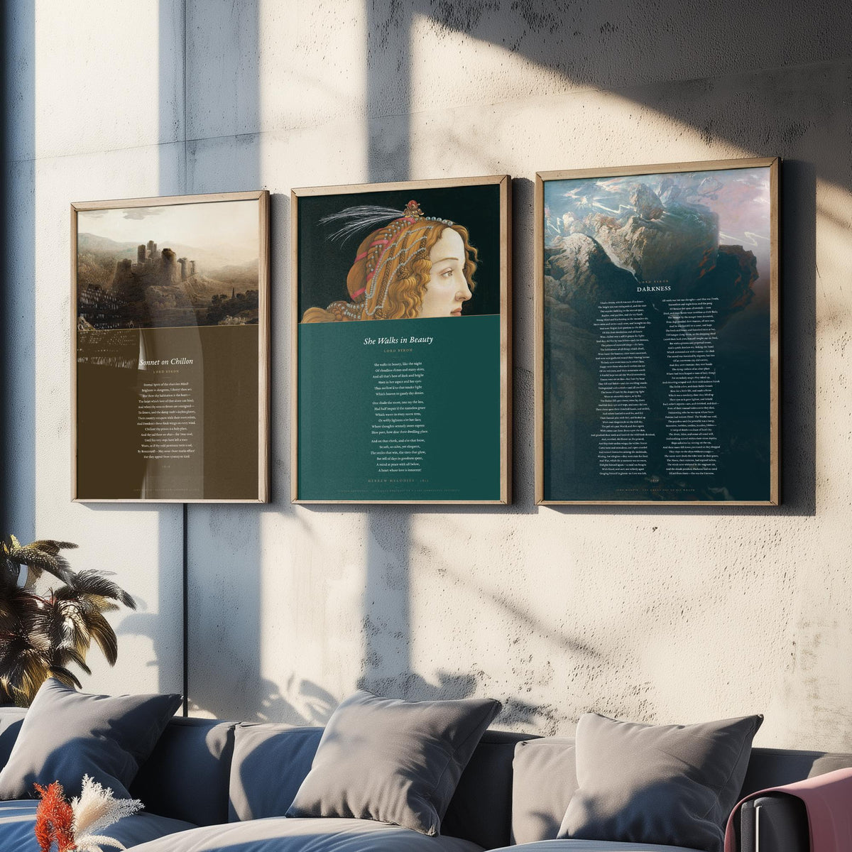 Lord Byron Poems Set of Three Art Prints - She Walks in Beauty, Darkness, Sonnet on Chillon - Full Poems over Classic Paintings Poster