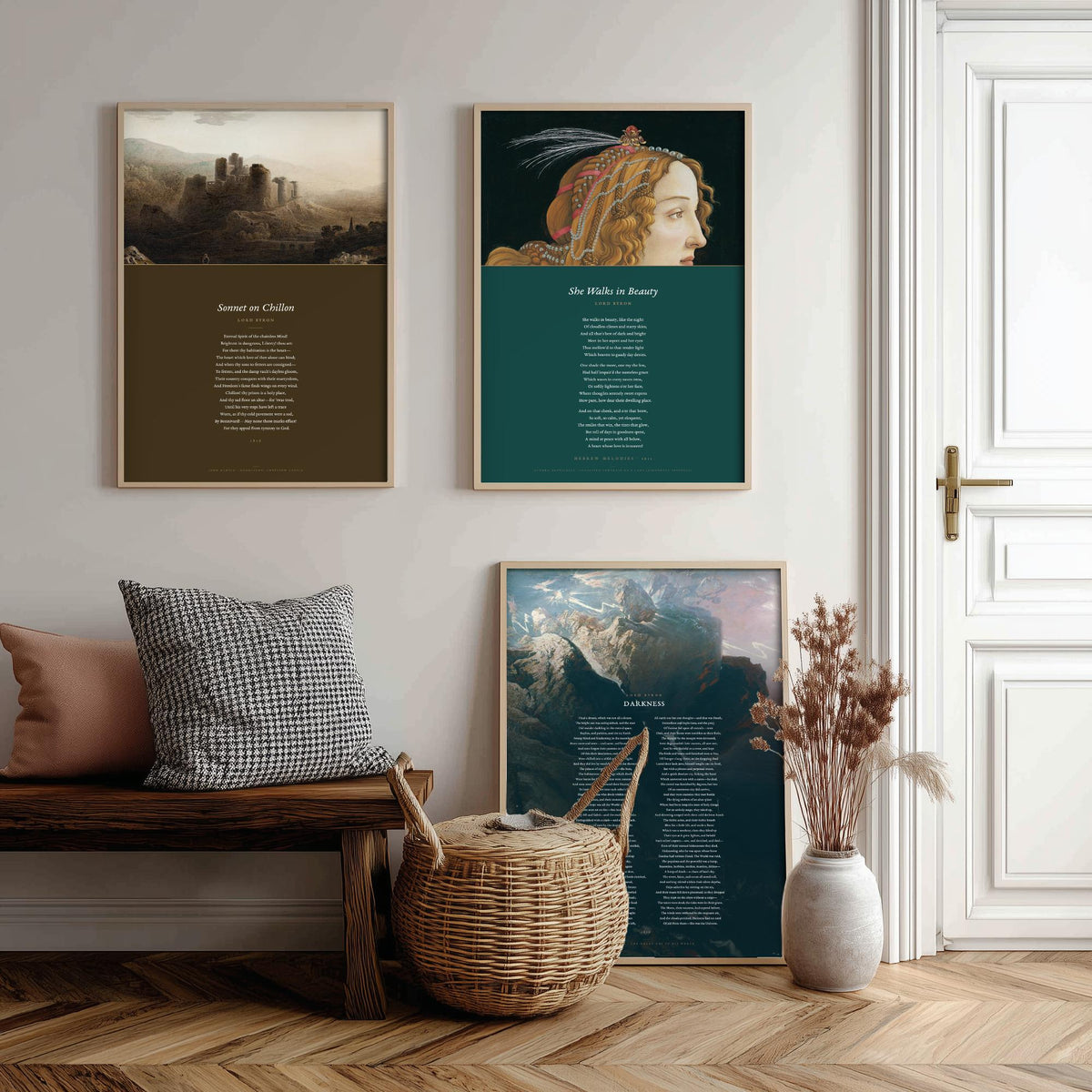 Lord Byron Poems Set of Three Art Prints - She Walks in Beauty, Darkness, Sonnet on Chillon - Full Poems over Classic Paintings Poster
