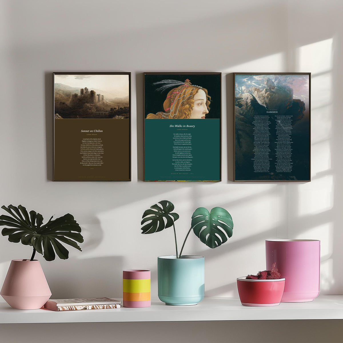 Lord Byron Poems Set of Three Art Prints - She Walks in Beauty, Darkness, Sonnet on Chillon - Full Poems over Classic Paintings Poster