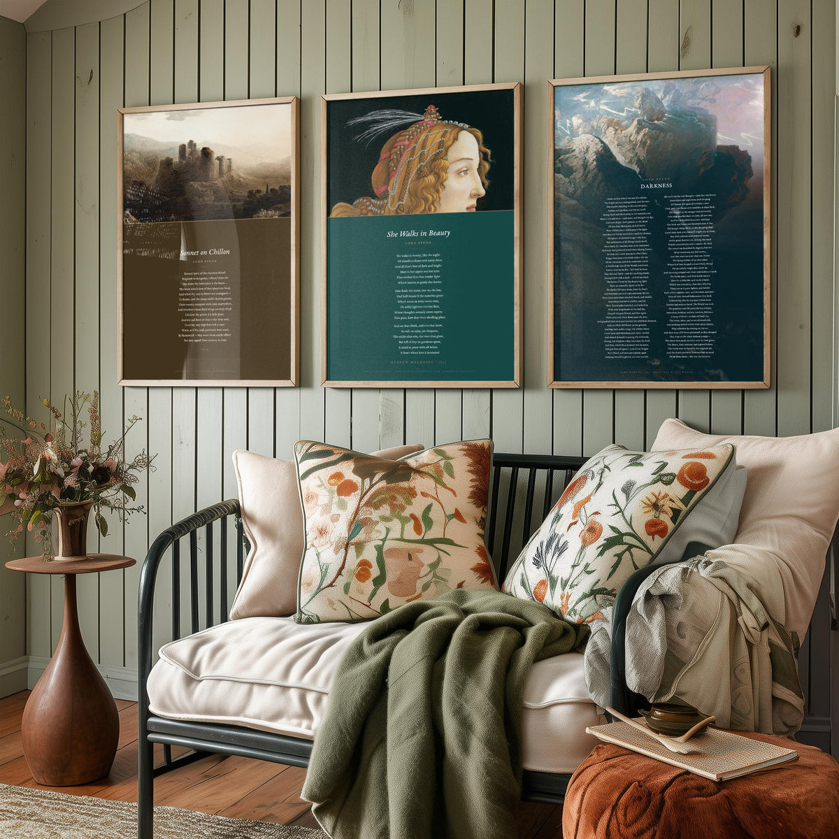 Lord Byron Poems Set of Three Art Prints - She Walks in Beauty, Darkness, Sonnet on Chillon - Full Poems over Classic Paintings Poster