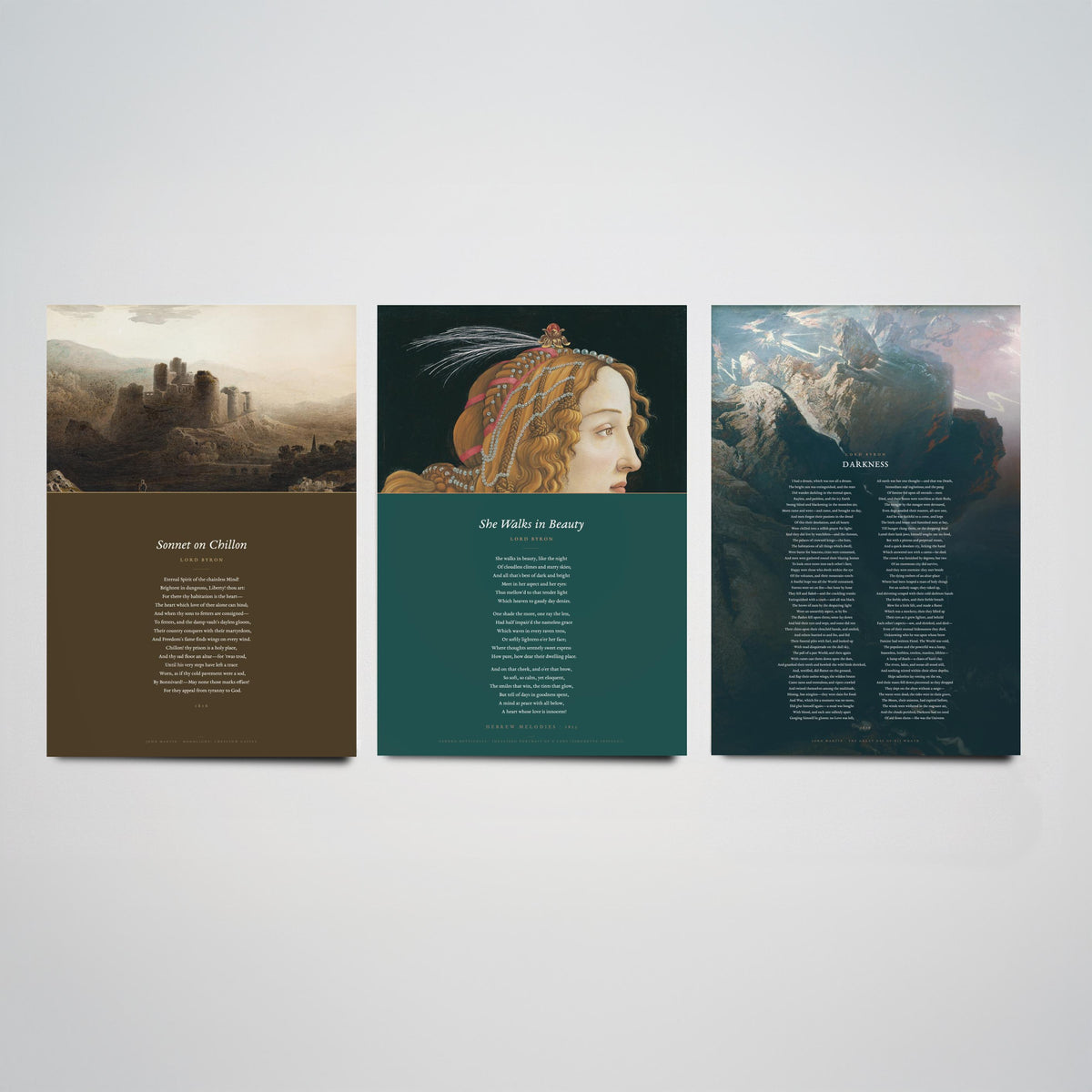Lord Byron Poems Set of Three Art Prints - She Walks in Beauty, Darkness, Sonnet on Chillon - Full Poems over Classic Paintings Poster