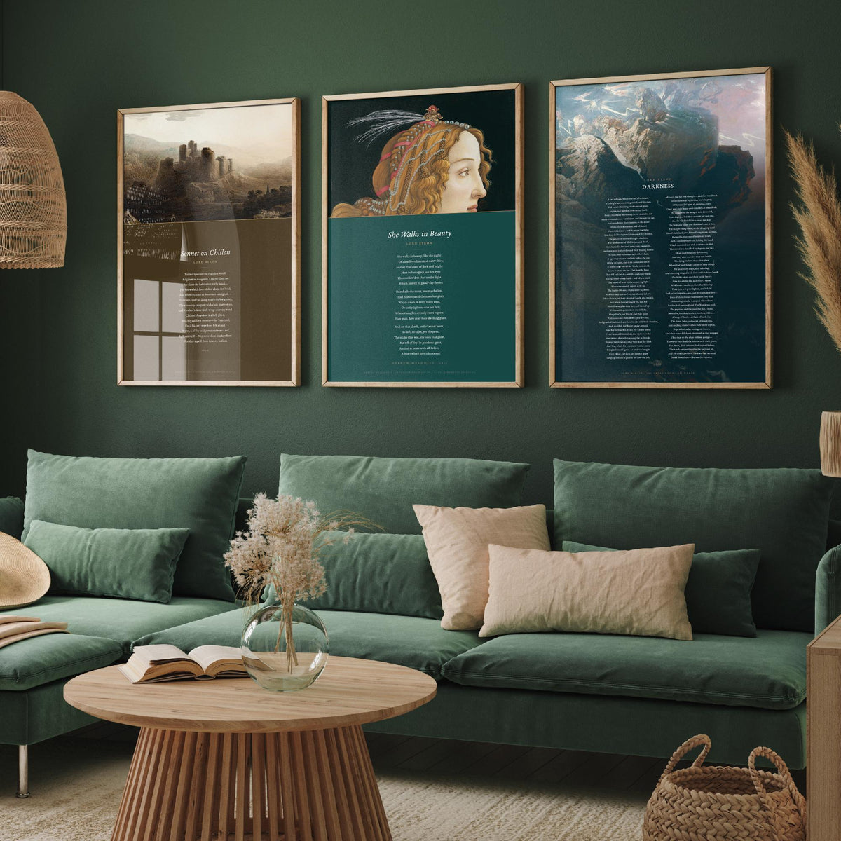 Lord Byron Poems Set of Three Art Prints - She Walks in Beauty, Darkness, Sonnet on Chillon - Full Poems over Classic Paintings Poster
