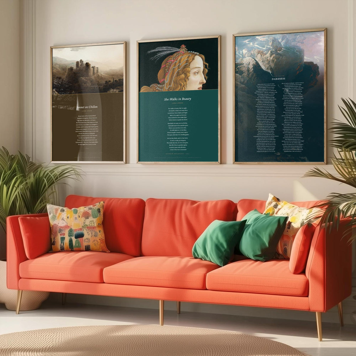 Lord Byron Poems Set of Three Art Prints - She Walks in Beauty, Darkness, Sonnet on Chillon - Full Poems over Classic Paintings Poster