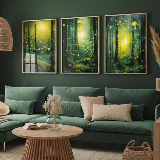 Enchanted Green Forest Set of Three Art Prints - Glowing Yellow Light and Fireflies - Moody Woodland Painting Poster