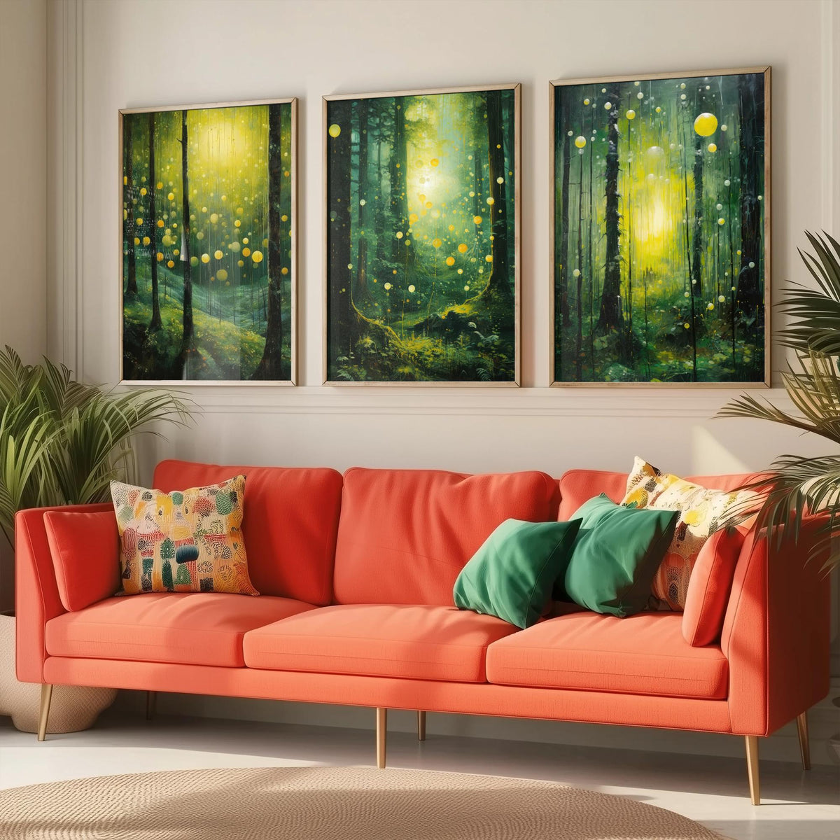 Enchanted Green Forest Set of Three Art Prints - Glowing Yellow Light and Fireflies - Moody Woodland Painting Poster