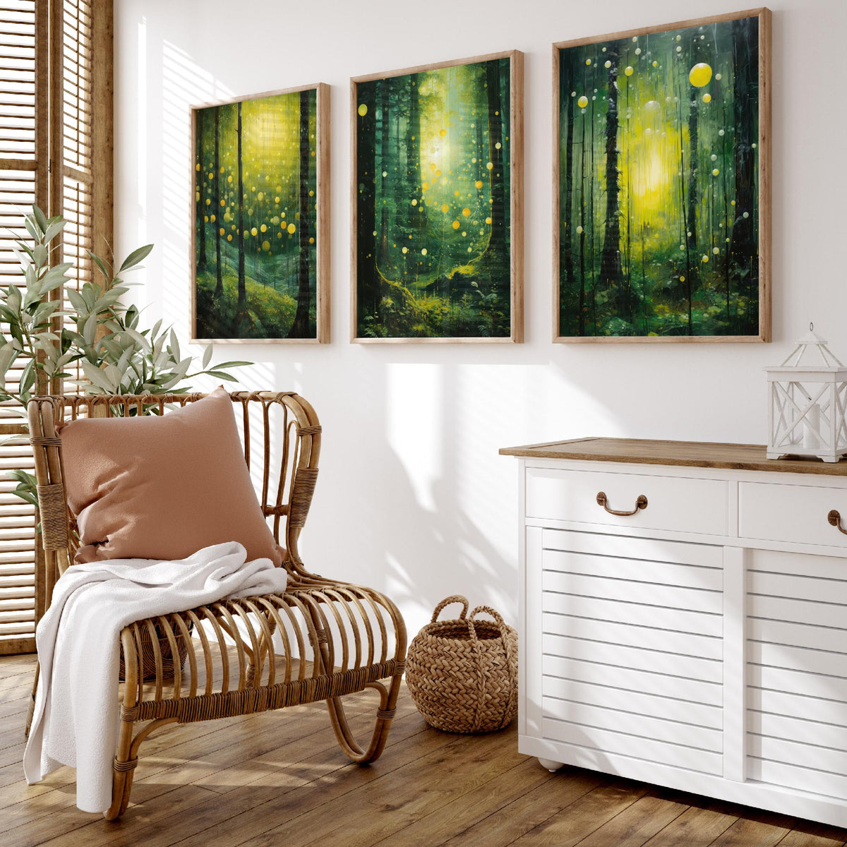 Enchanted Green Forest Set of Three Art Prints - Glowing Yellow Light and Fireflies - Moody Woodland Painting Poster