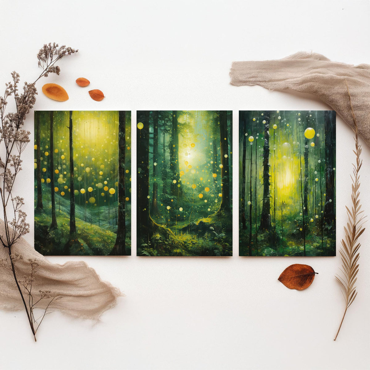 Enchanted Green Forest Set of Three Art Prints - Glowing Yellow Light and Fireflies - Moody Woodland Painting Poster